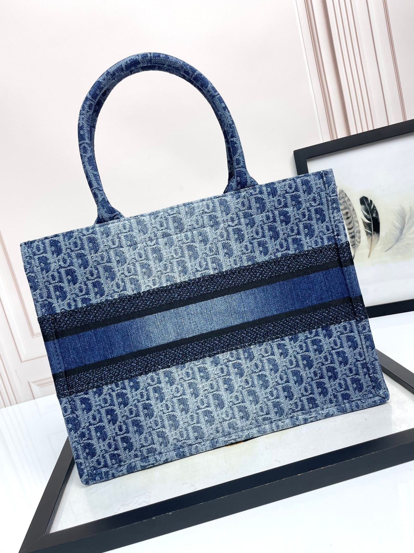 Dior Blue Denim Monogram Embroidered Top Handle Canvas Tote Bag
