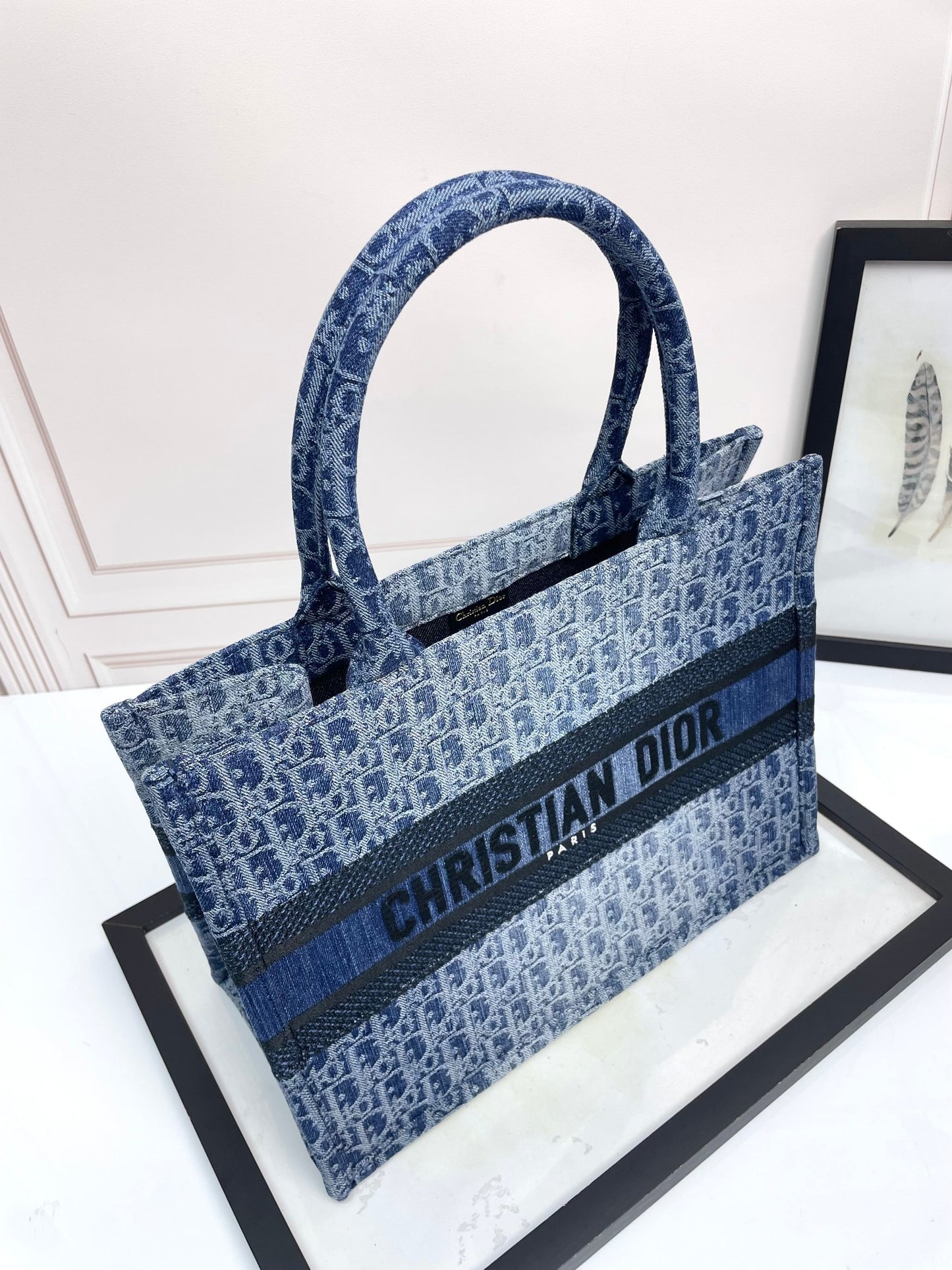 Dior Elegant Blue Monogram Canvas Tote Bag with Top Handles