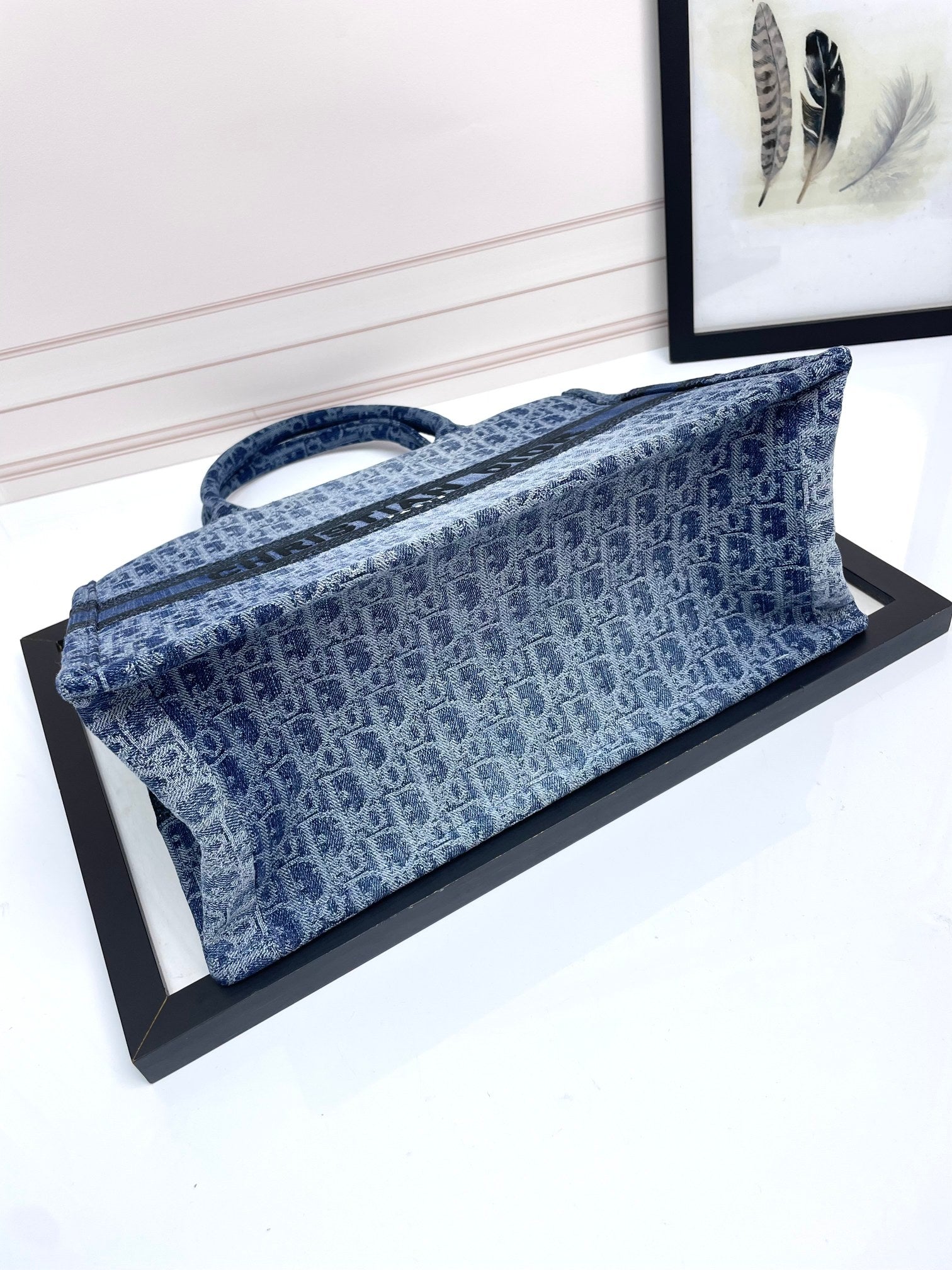 Dior Blue Denim Monogram Embroidered Top Handle Canvas Tote Bag