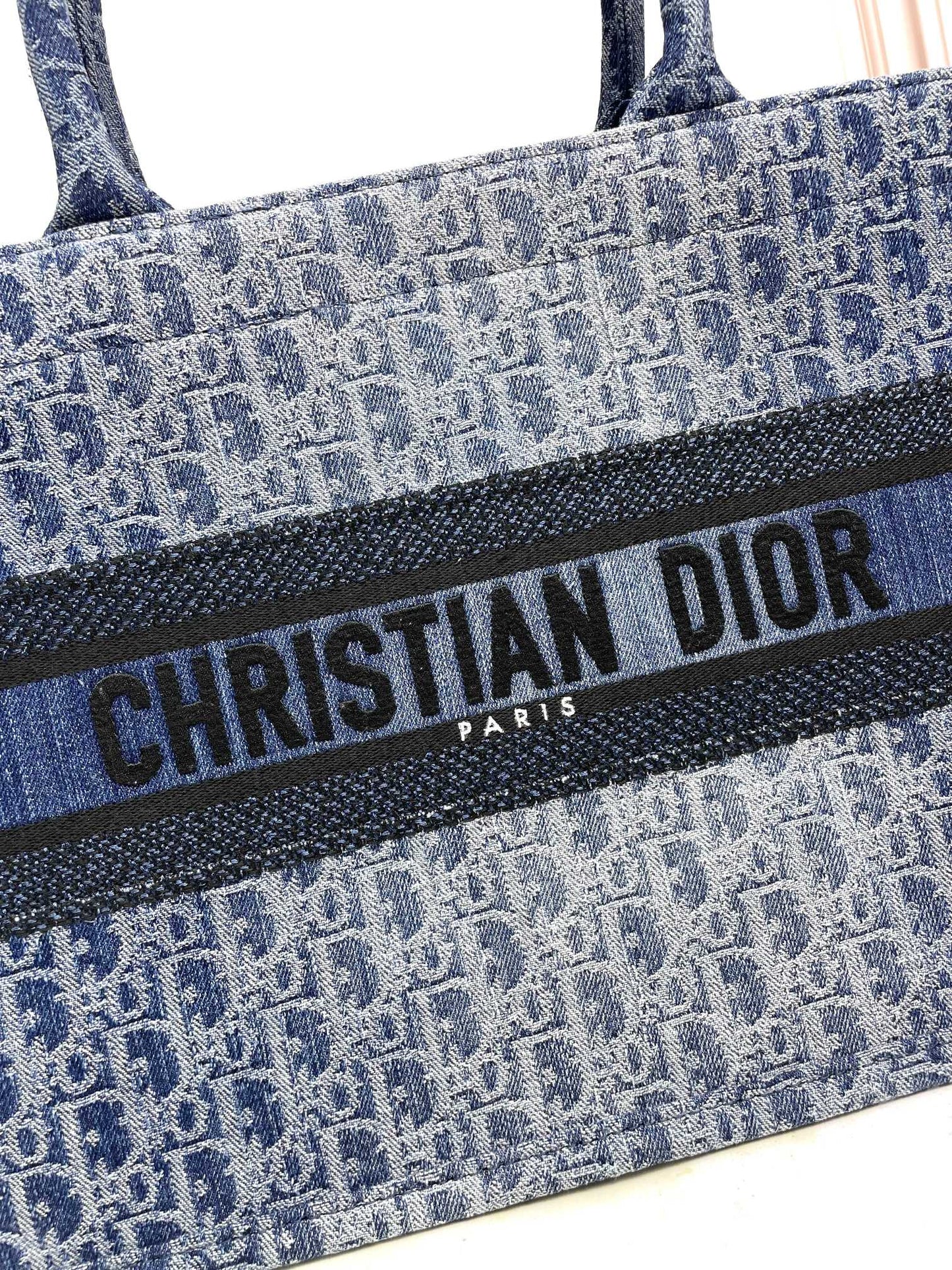 Christian Dior Book Tote Blue Oblique Embroidered Canvas Handbag
