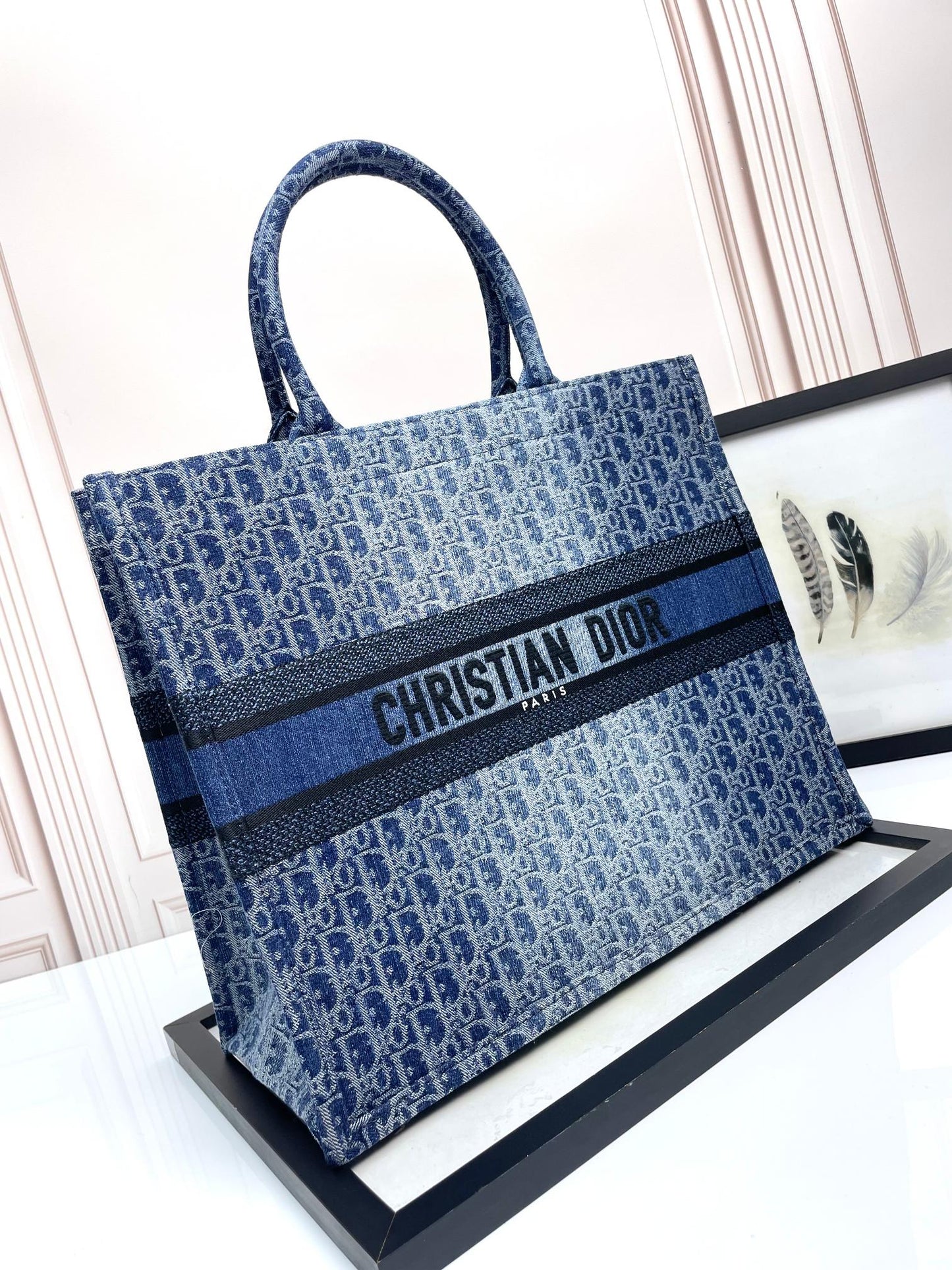 Dior Blue Monogram Embroidered Canvas Tote Bag Structured Top Handle Handbag