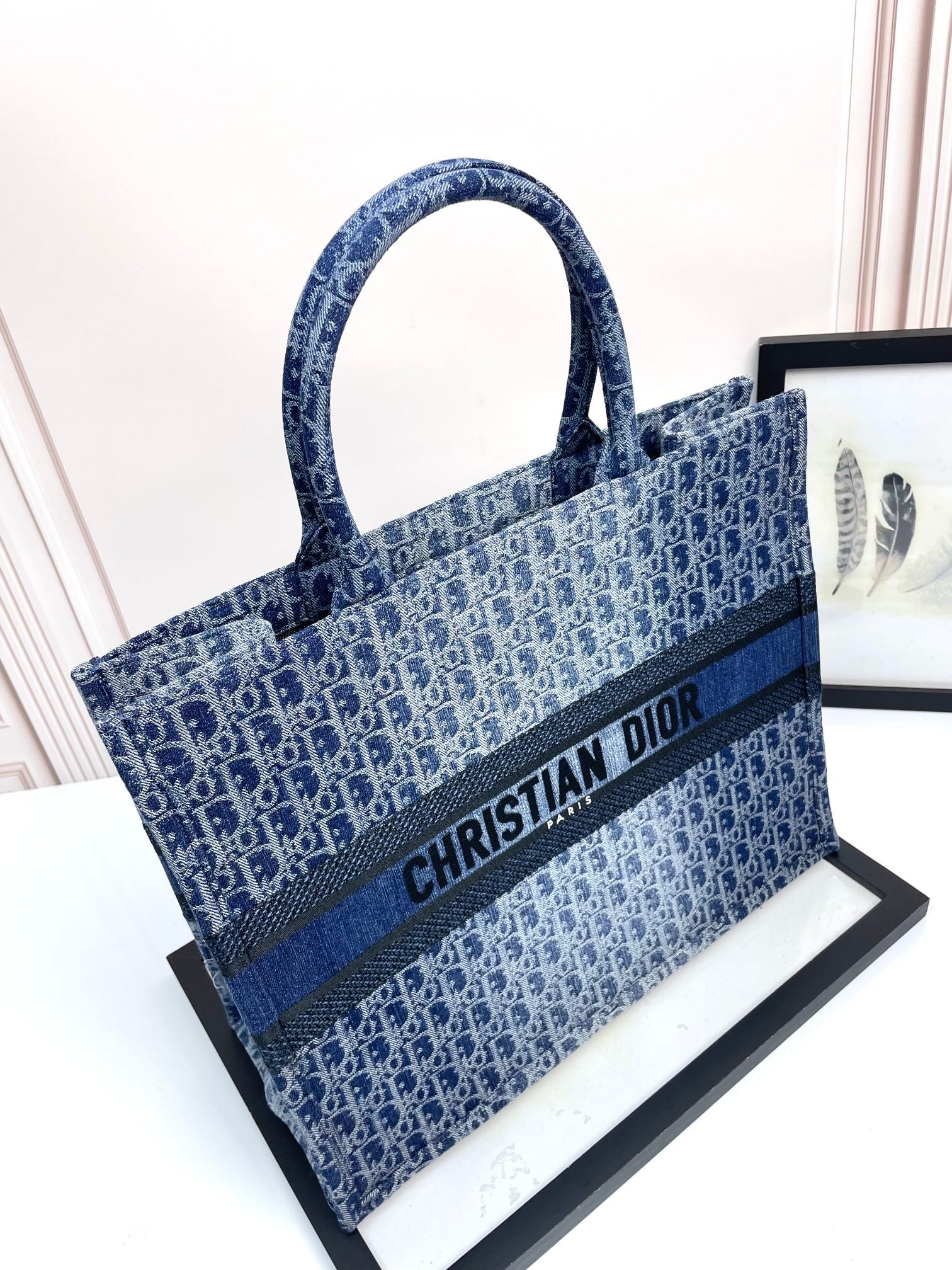 Christian Dior Large Book Tote Blue Dior Oblique Embroidery