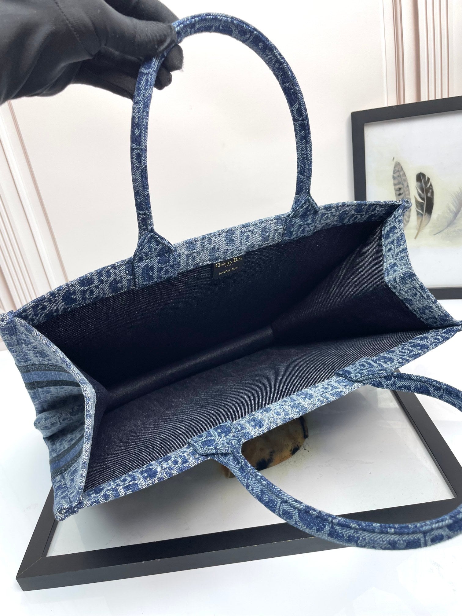 Dior Blue Monogram Embroidered Canvas Tote Bag Structured Top Handle Handbag
