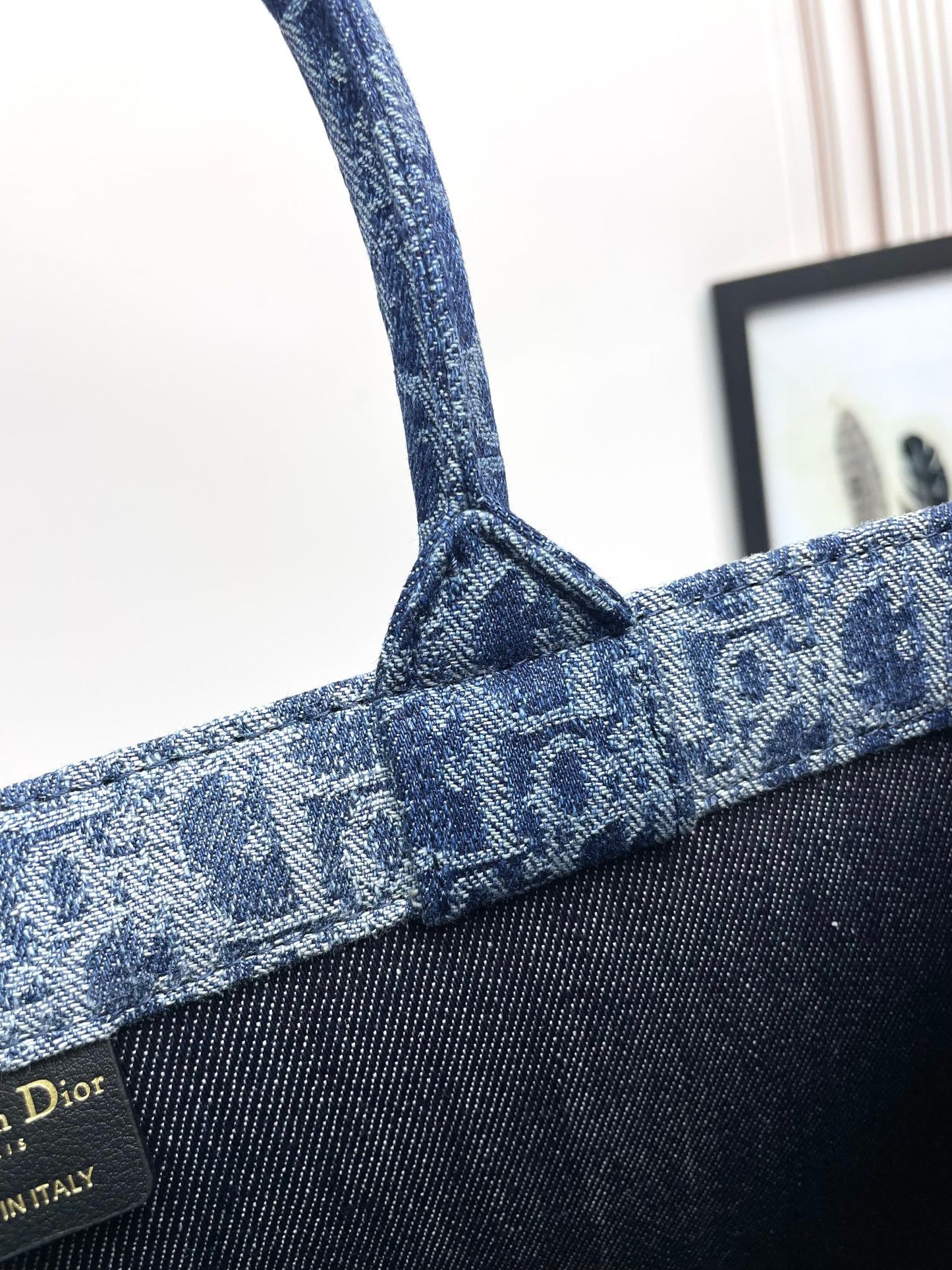 Dior Blue Monogram Embroidered Canvas Tote Bag Structured Top Handle Handbag