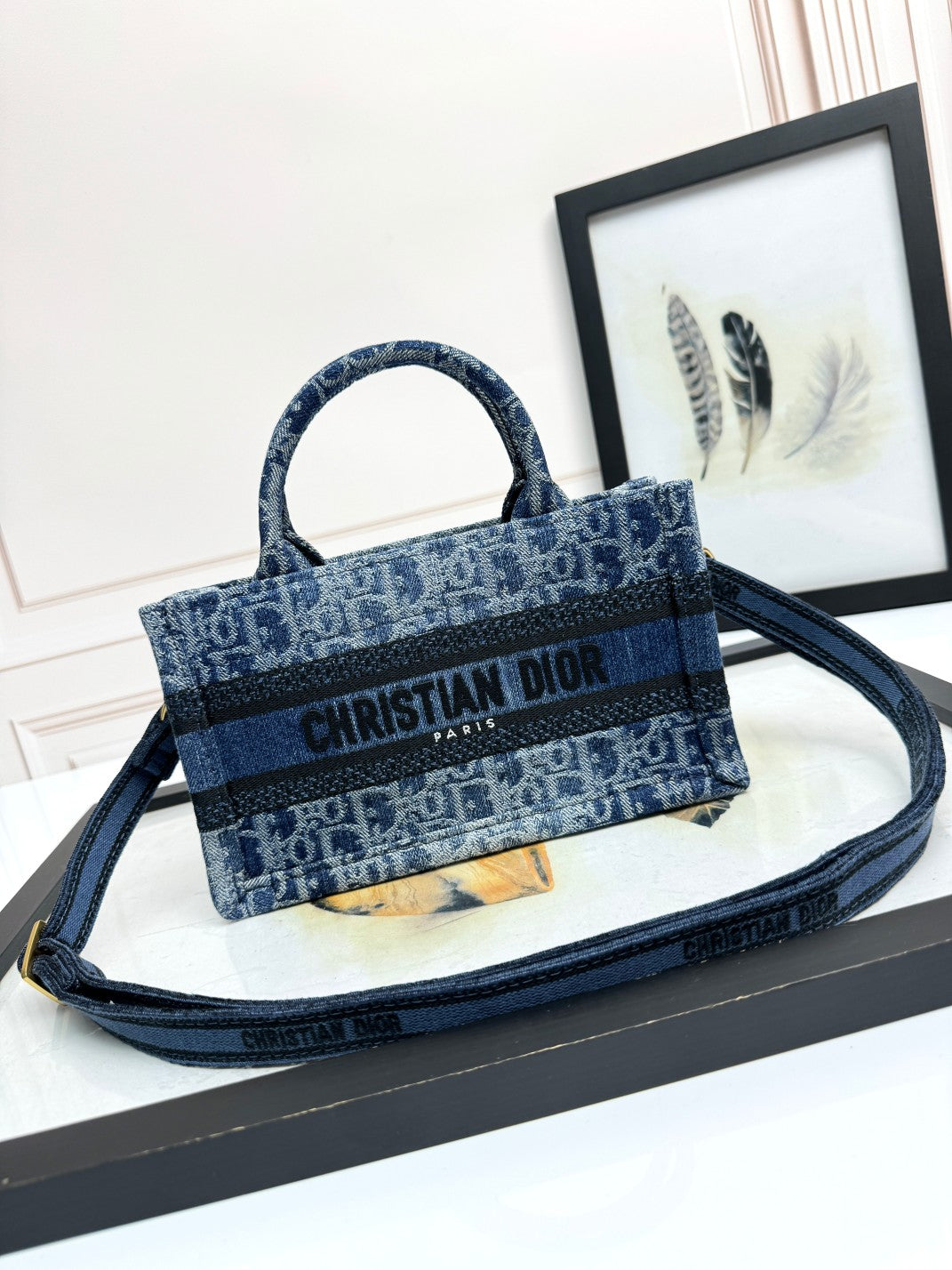 Dior Blue Denim Monogram Canvas Top Handle Crossbody Mini Tote Bag