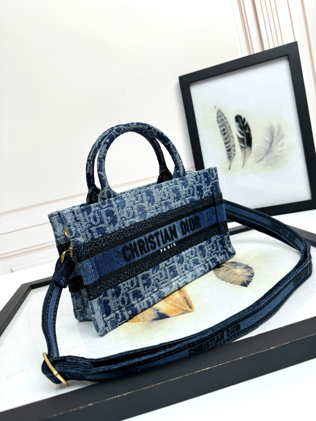 Dior Blue Denim Monogram Jacquard Top Handle Bag with Shoulder Strap