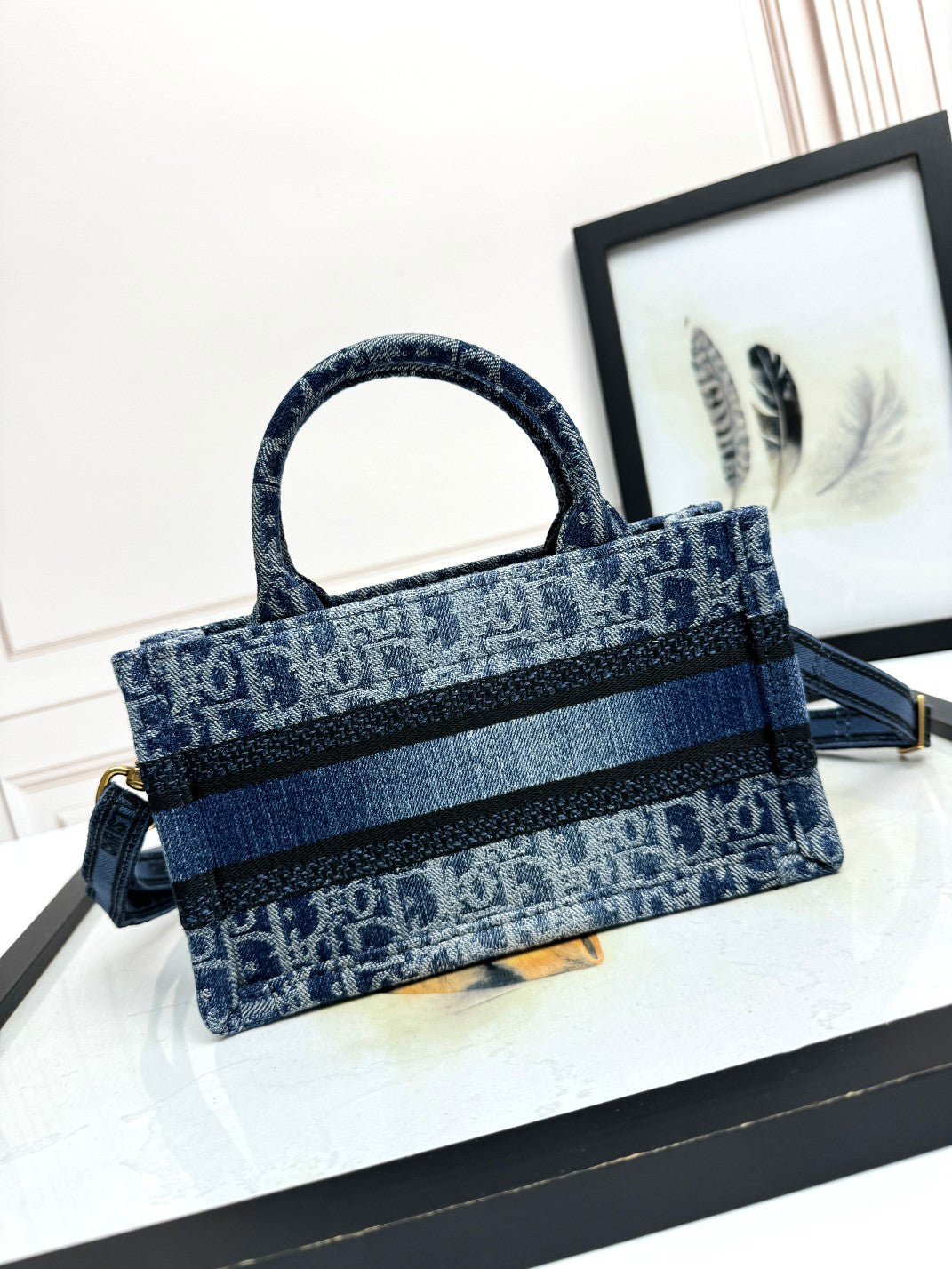 Dior Casual Blue Denim Monogram Tote Bag with Crossbody Strap