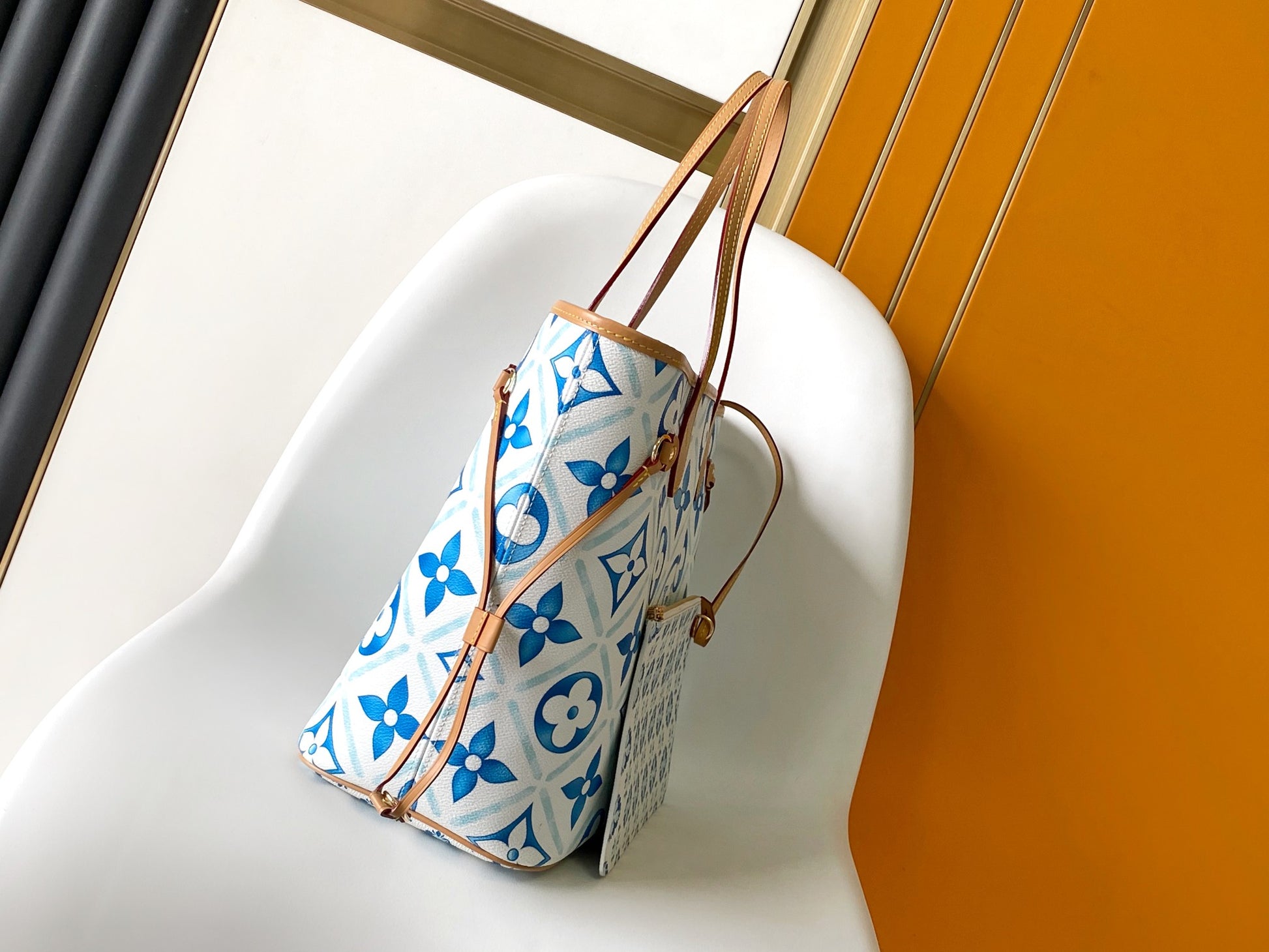 Louis Vuitton Blue and White Tile Pattern Canvas Tote Bag with Leather Straps