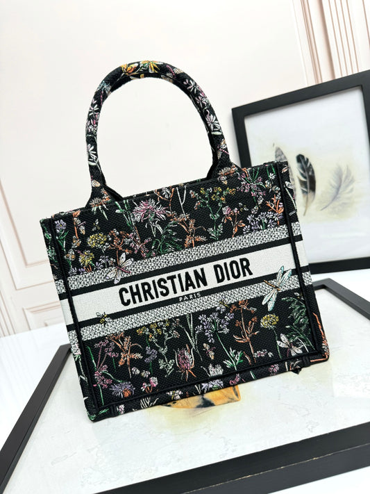 Dior Black Canvas Floral Embroidered Tote Bag with Top Handles