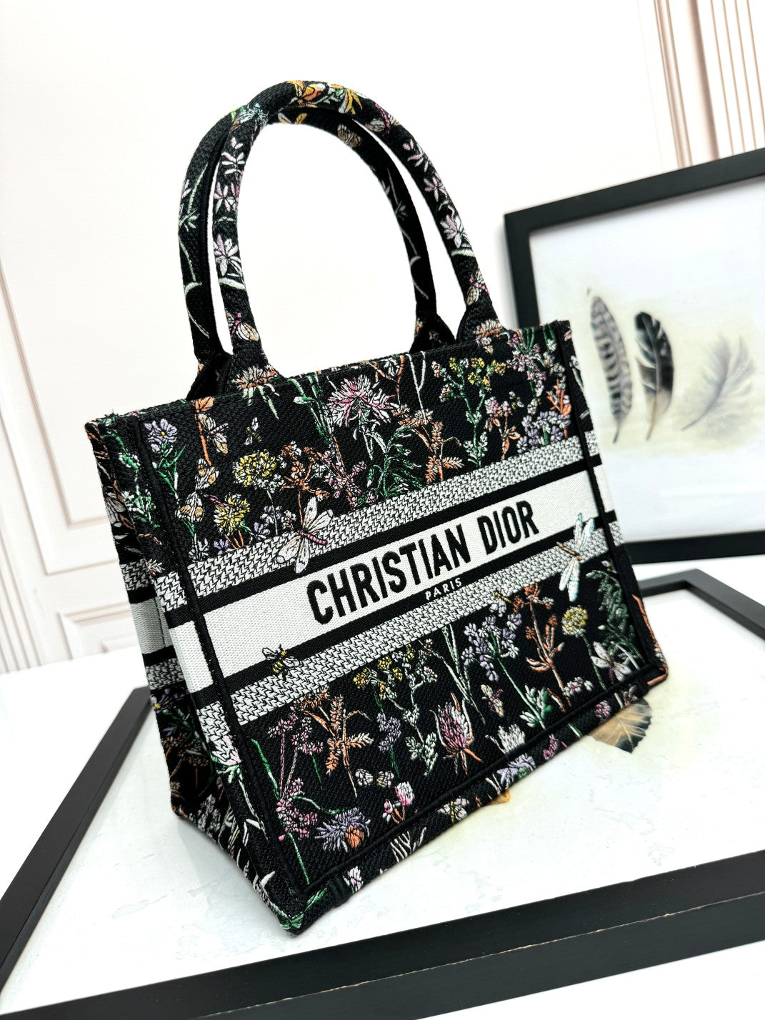 Dior Vintage Floral Embroidered Canvas Tote Handbag with Top Handles