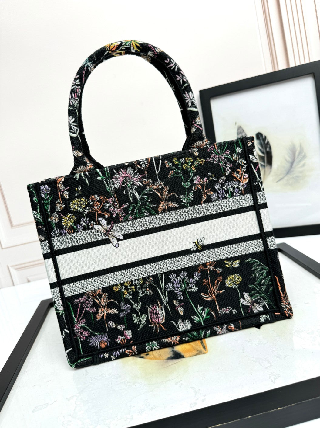 Dior Black Canvas Floral Embroidered Tote Bag with Top Handles
