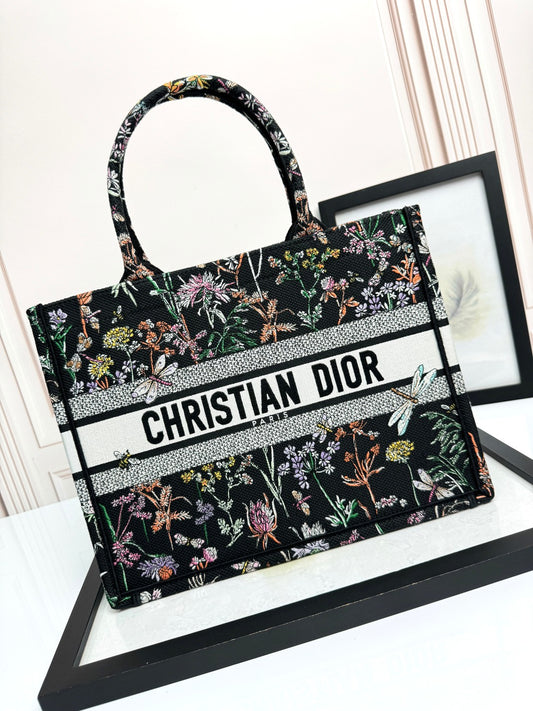 Christian Dior Large Book Tote Black Herbarium Floral Canvas Handbag