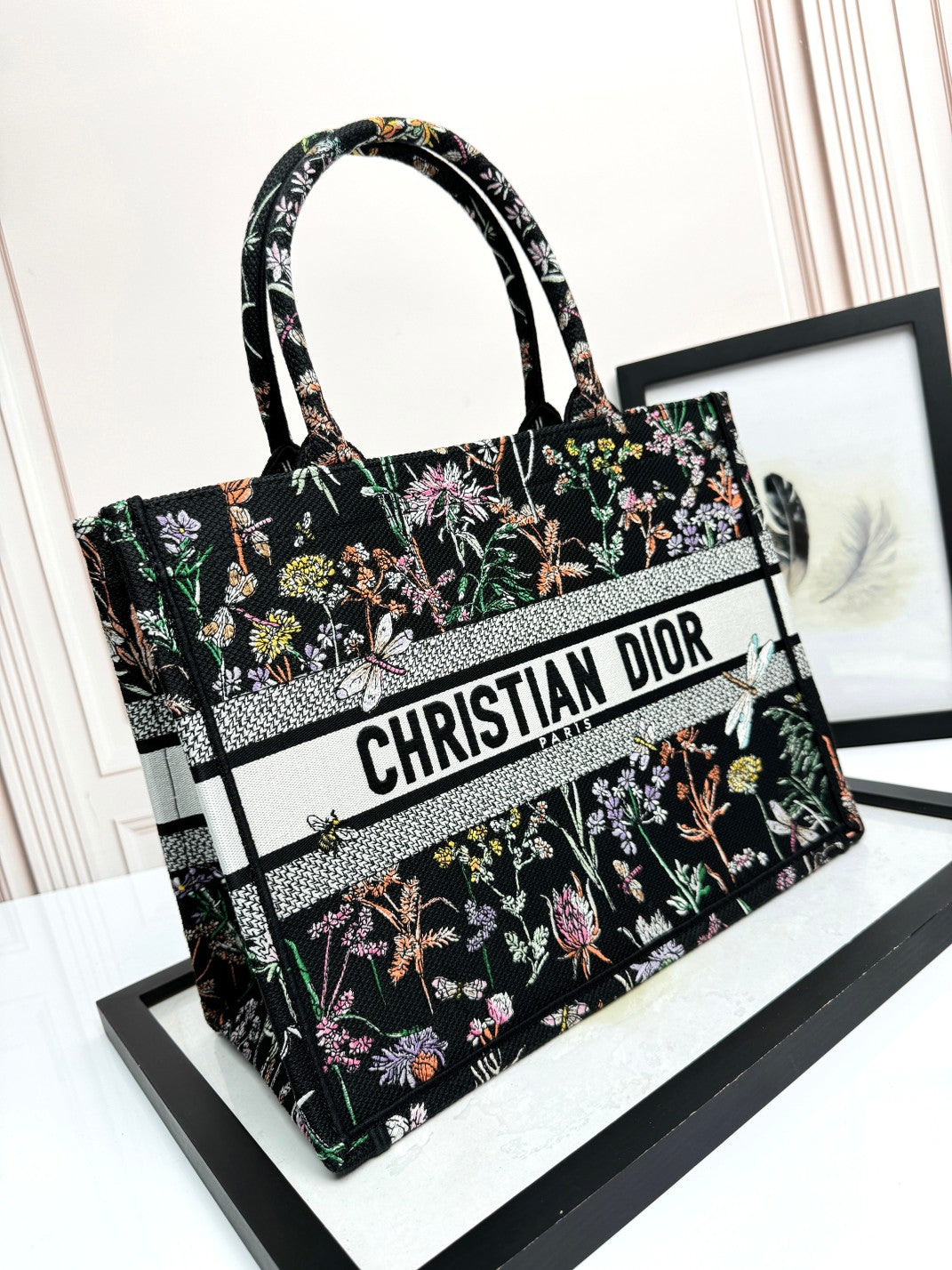 Christian Dior Book Tote Black Floral Embroidered Canvas Handbag