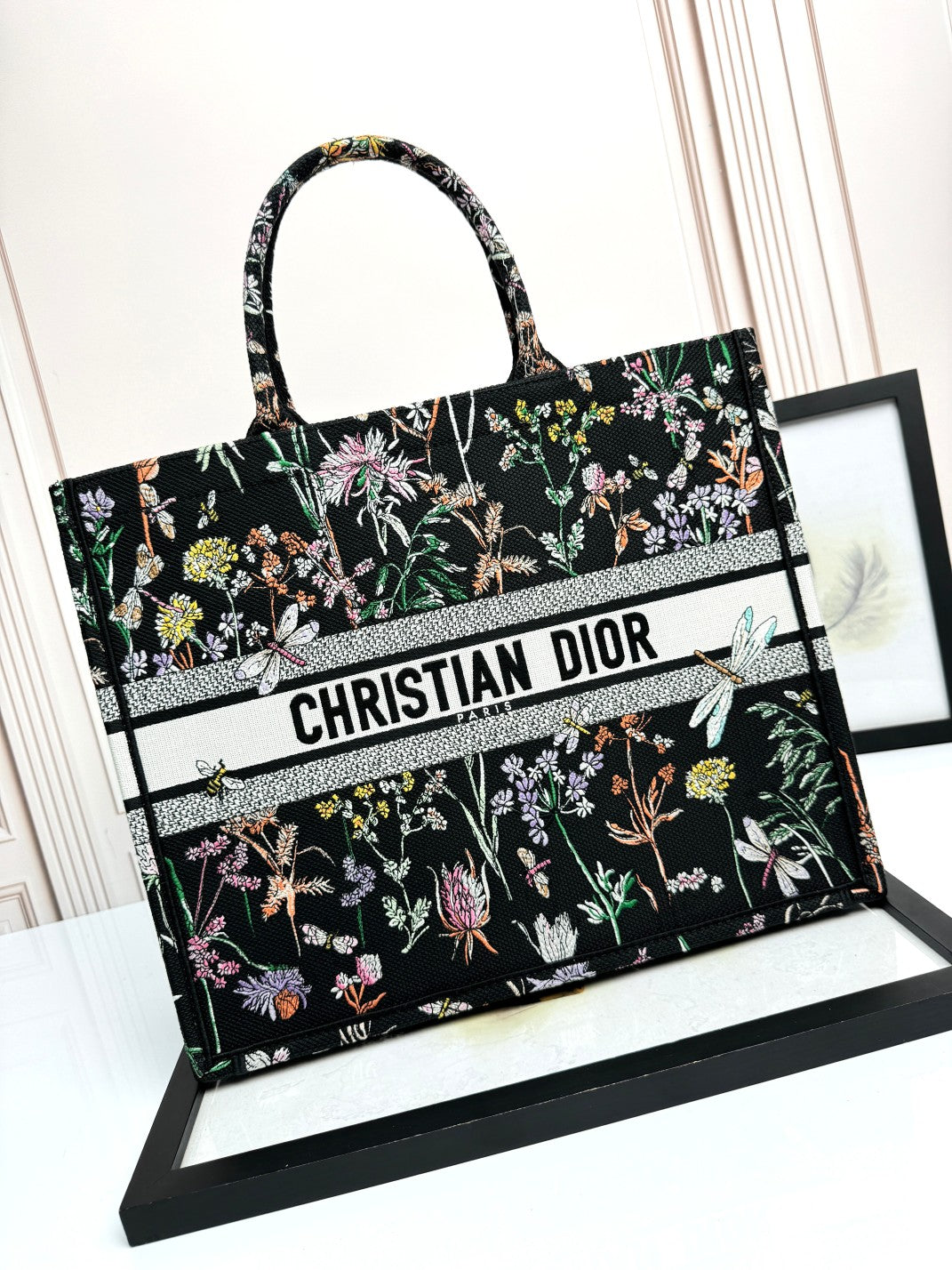 Dior Black Floral Embroidered Canvas Tote Bag Large Top Handle Handbag
