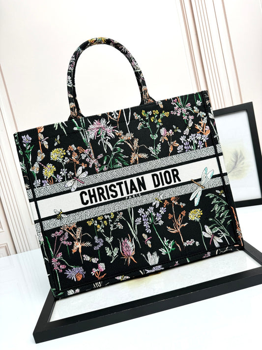 Dior Black Embroidered Wildflower and Dragonfly Canvas Tote Bag
