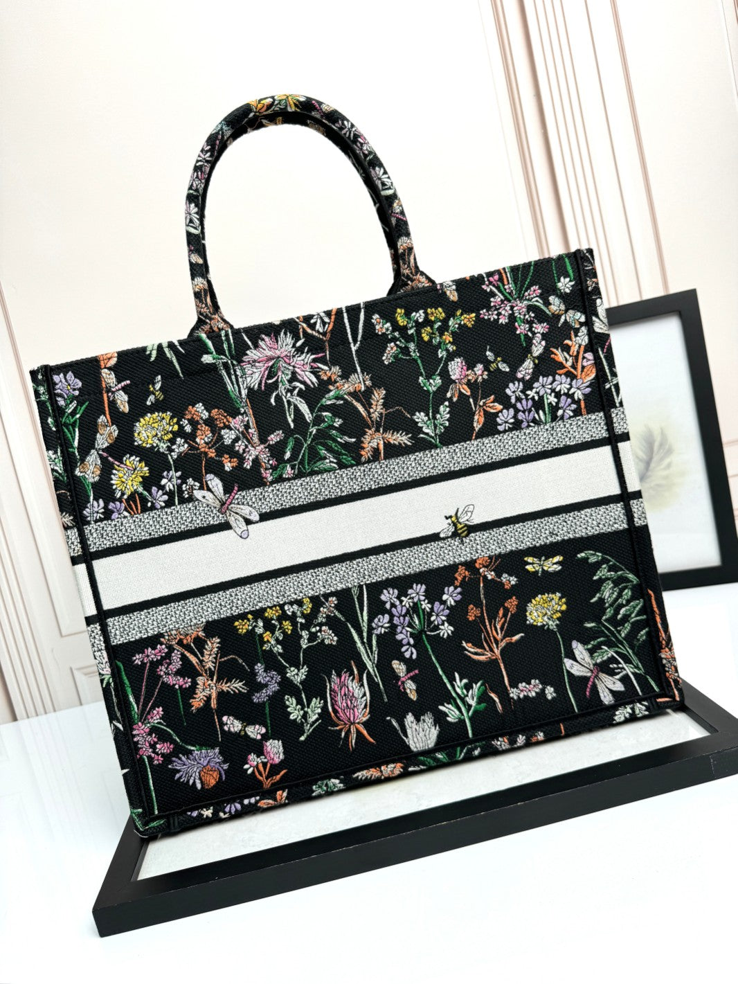 Dior Black Embroidered Wildflower and Dragonfly Canvas Tote Bag