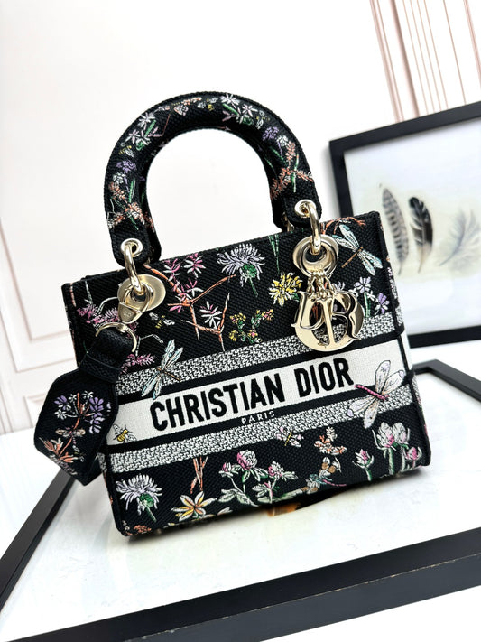 Dior Black Embroidered Floral Top Handle Bag with Shoulder Strap