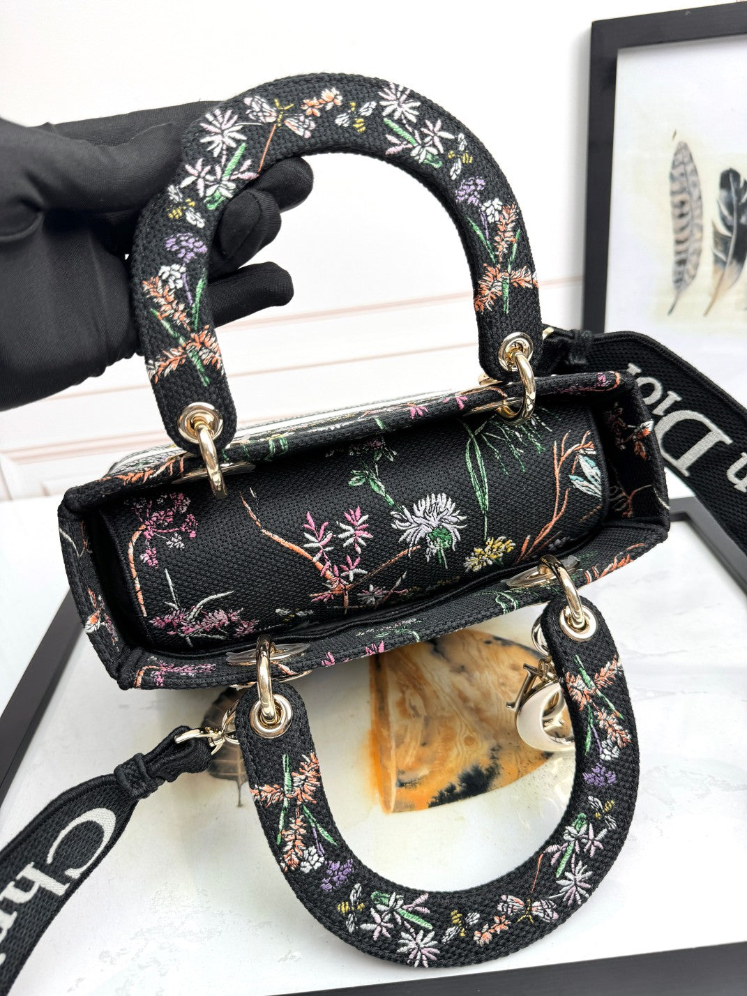 Dior Vintage Floral Dragonfly Embroidered Top Handle Canvas Handbag