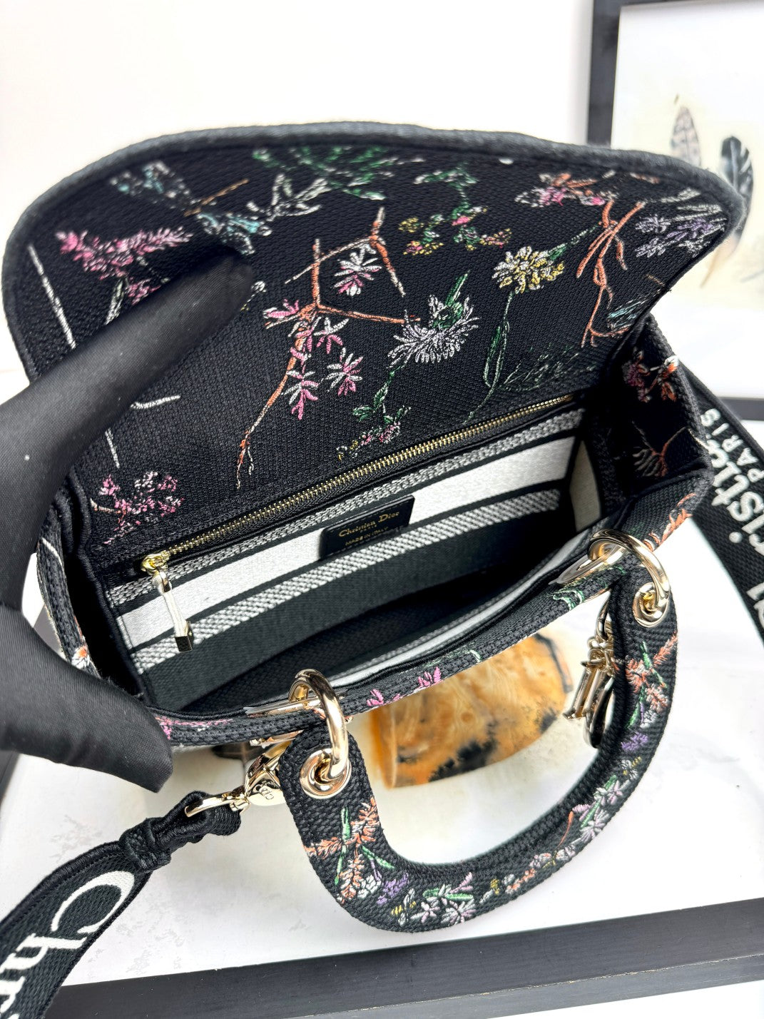 Dior Vintage Floral Dragonfly Embroidered Top Handle Canvas Handbag