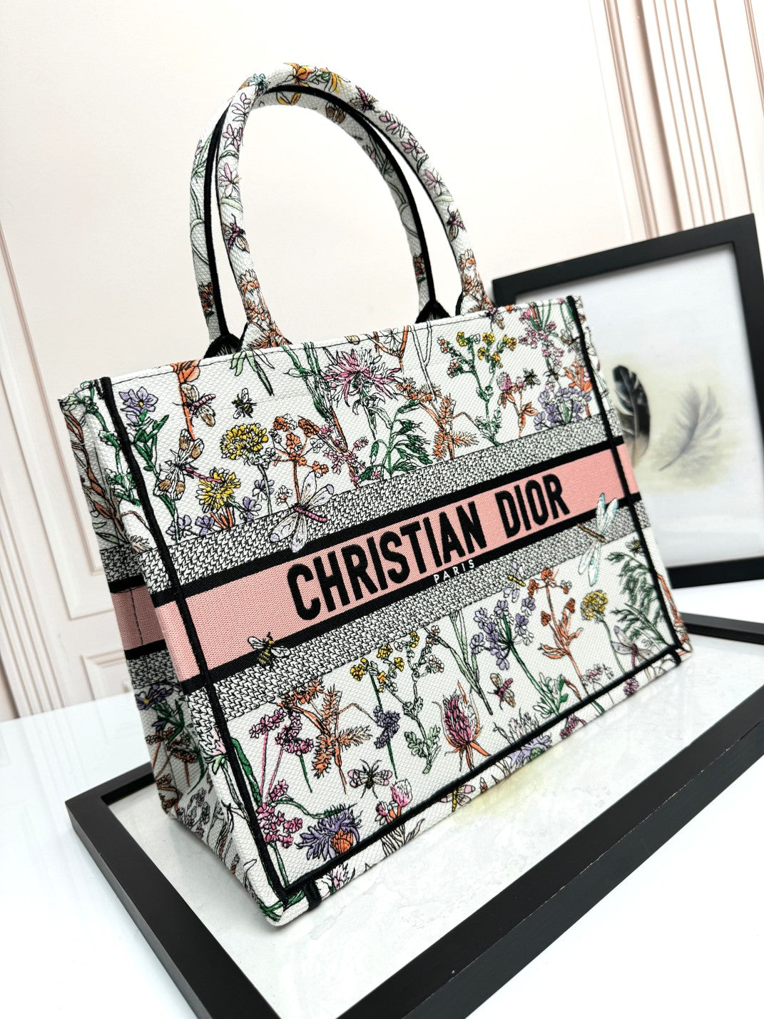 Dior Large Floral Embroidered Canvas Tote Bag with Pink Accent