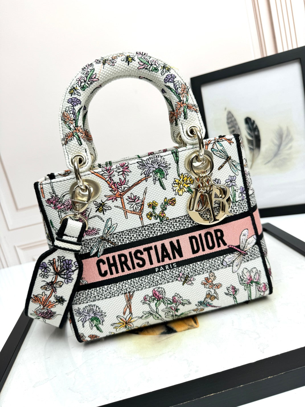Dior Elegant Floral Embroidered Canvas Handbag with Shoulder Strap