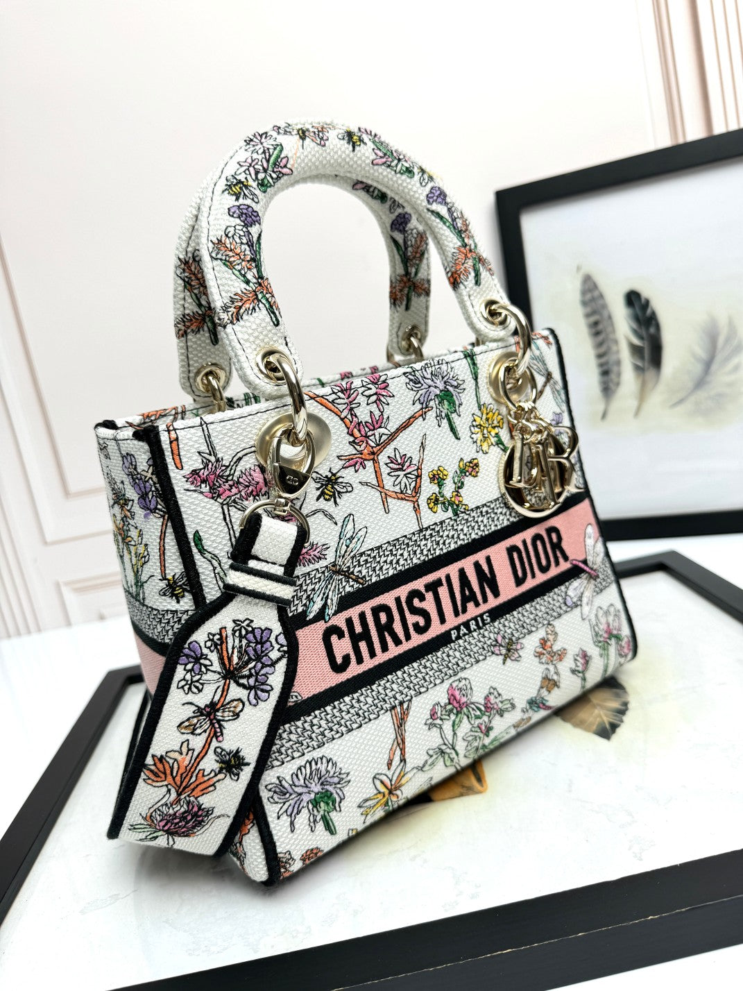 Dior Elegant Floral Embroidered Canvas Handbag with Shoulder Strap