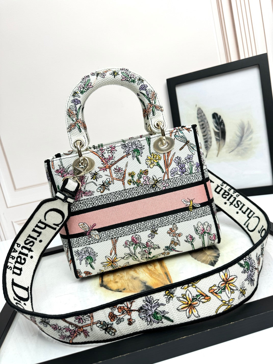 Dior Vintage Floral Embroidered Canvas Handbag with Shoulder Strap