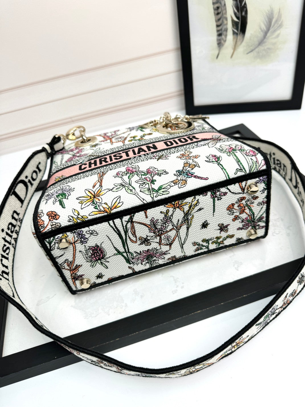 Dior Vintage Floral Embroidered Canvas Handbag with Shoulder Strap