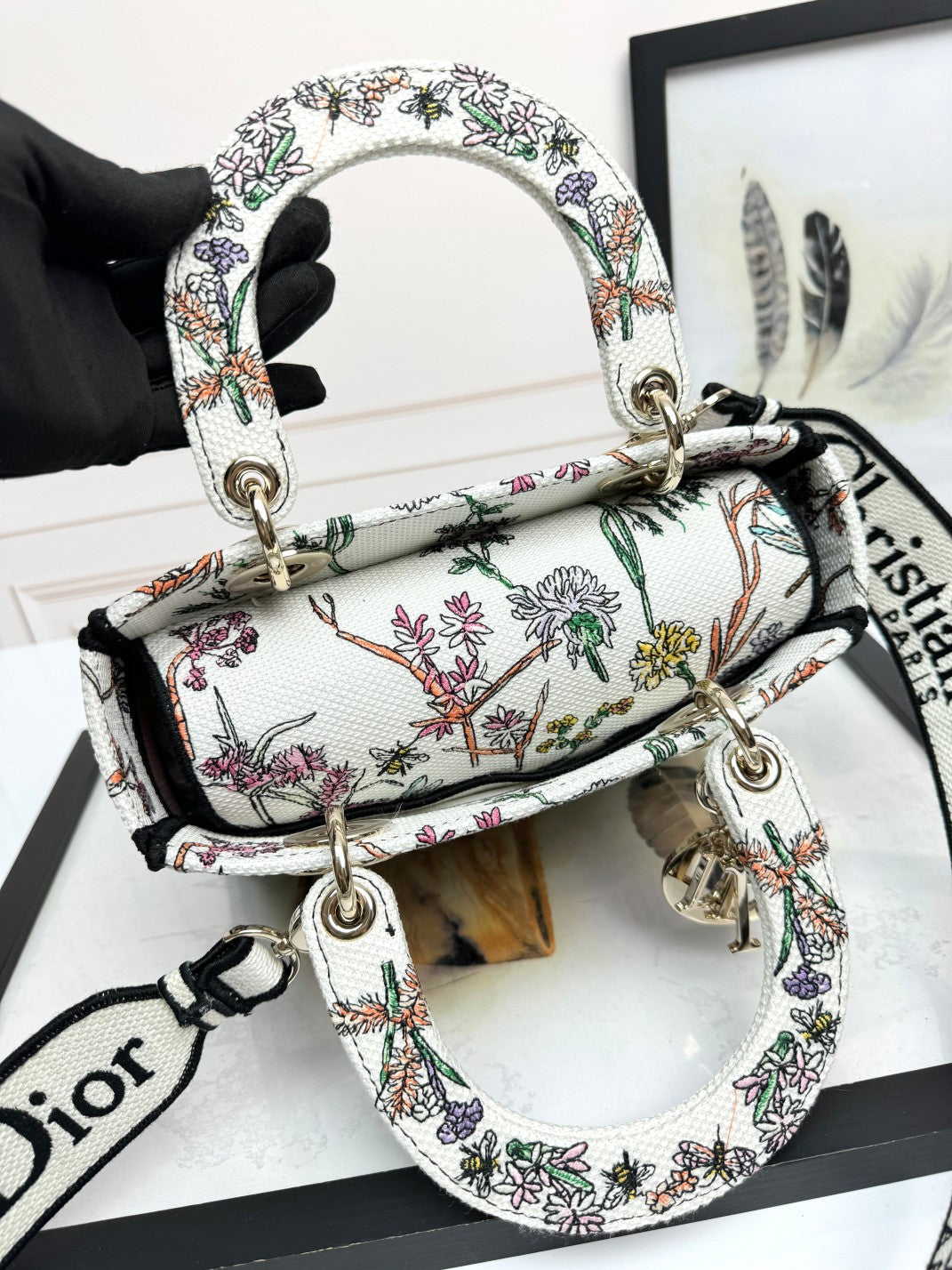 Christian Dior Lady D-Lite Medium Bag - Multicolor Floral Embroidery with Pink Signature Band