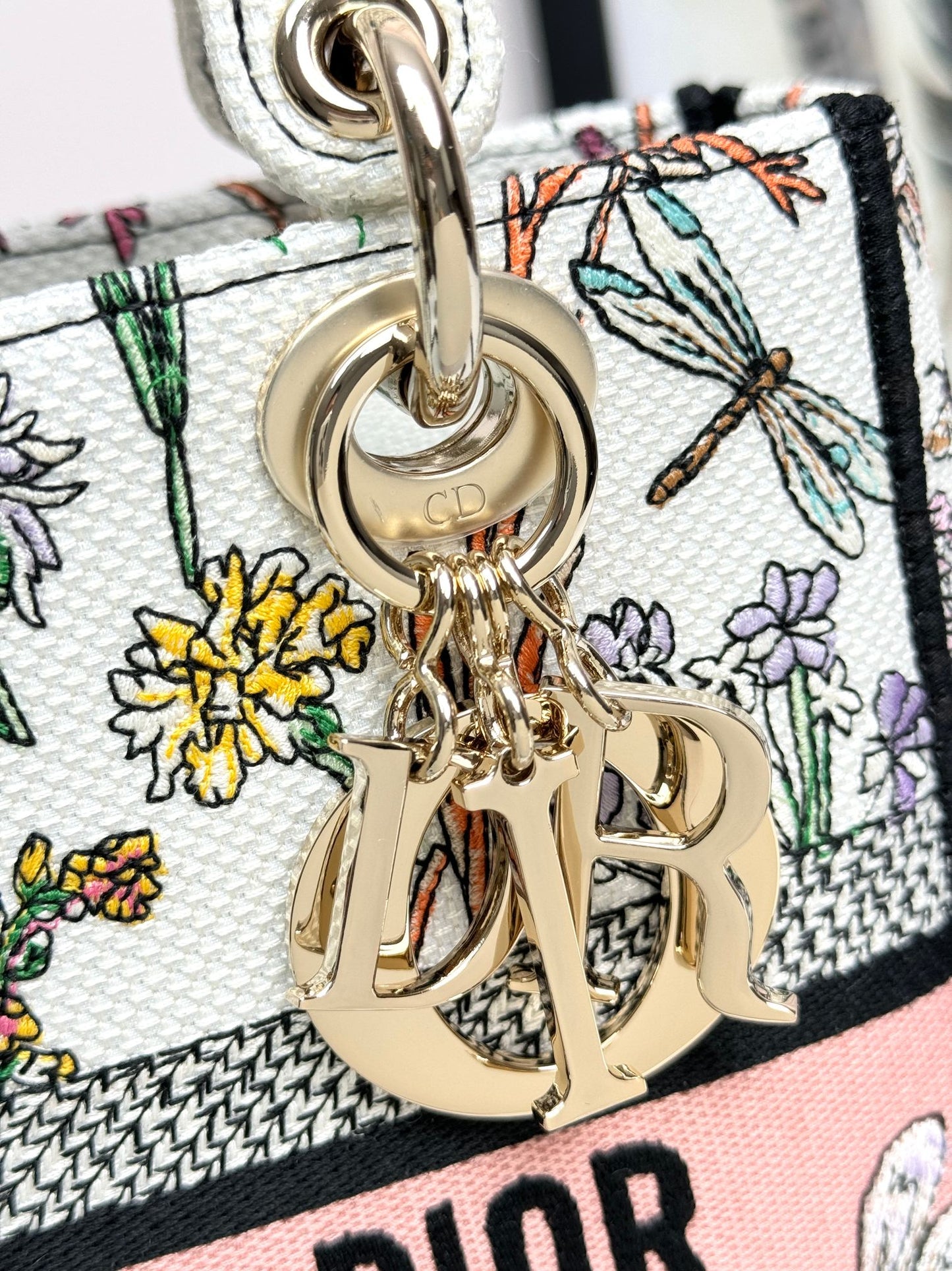 Christian Dior Lady D-Lite Medium Bag - Multicolor Floral Embroidery with Pink Signature Band
