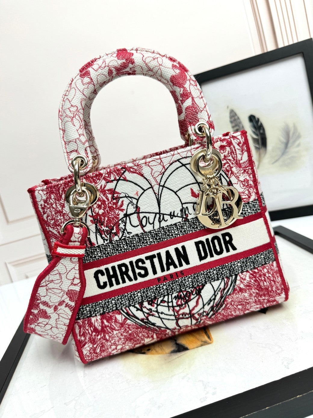 Dior Red Floral Embroidered Canvas Top Handle Satchel Handbag