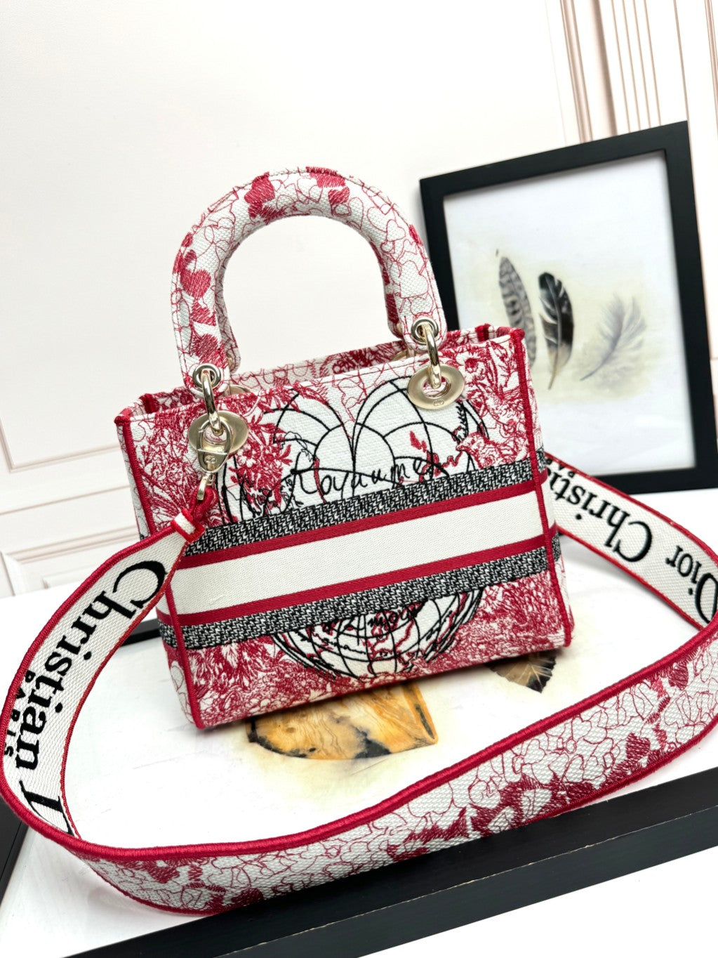 Dior Red Floral Embroidered Canvas Top Handle Satchel Handbag