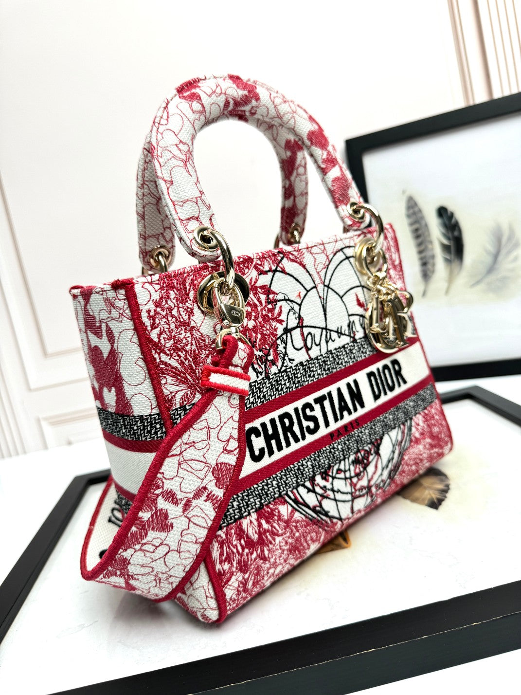 Dior Red Floral Embroidered Canvas Top Handle Satchel Handbag