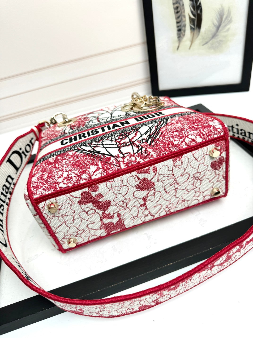 Dior Red Floral Embroidered Canvas Top Handle Satchel Handbag