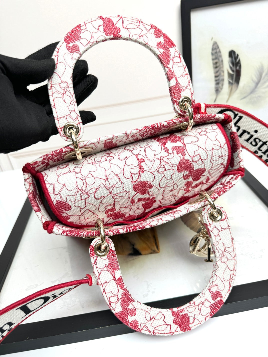 Dior Red Floral Embroidered Canvas Top Handle Satchel Handbag