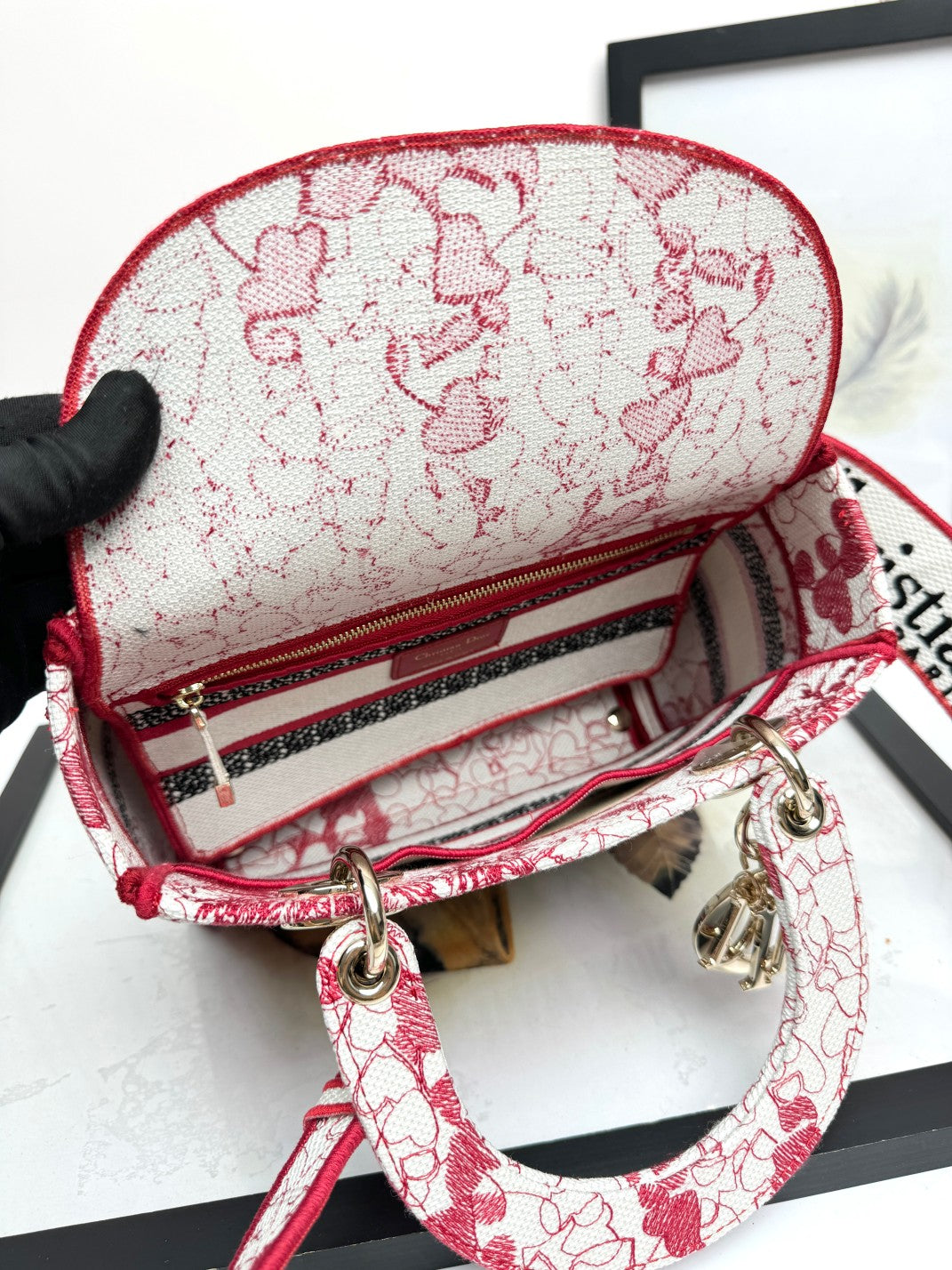 Dior Red Floral Embroidered Canvas Top Handle Satchel Handbag