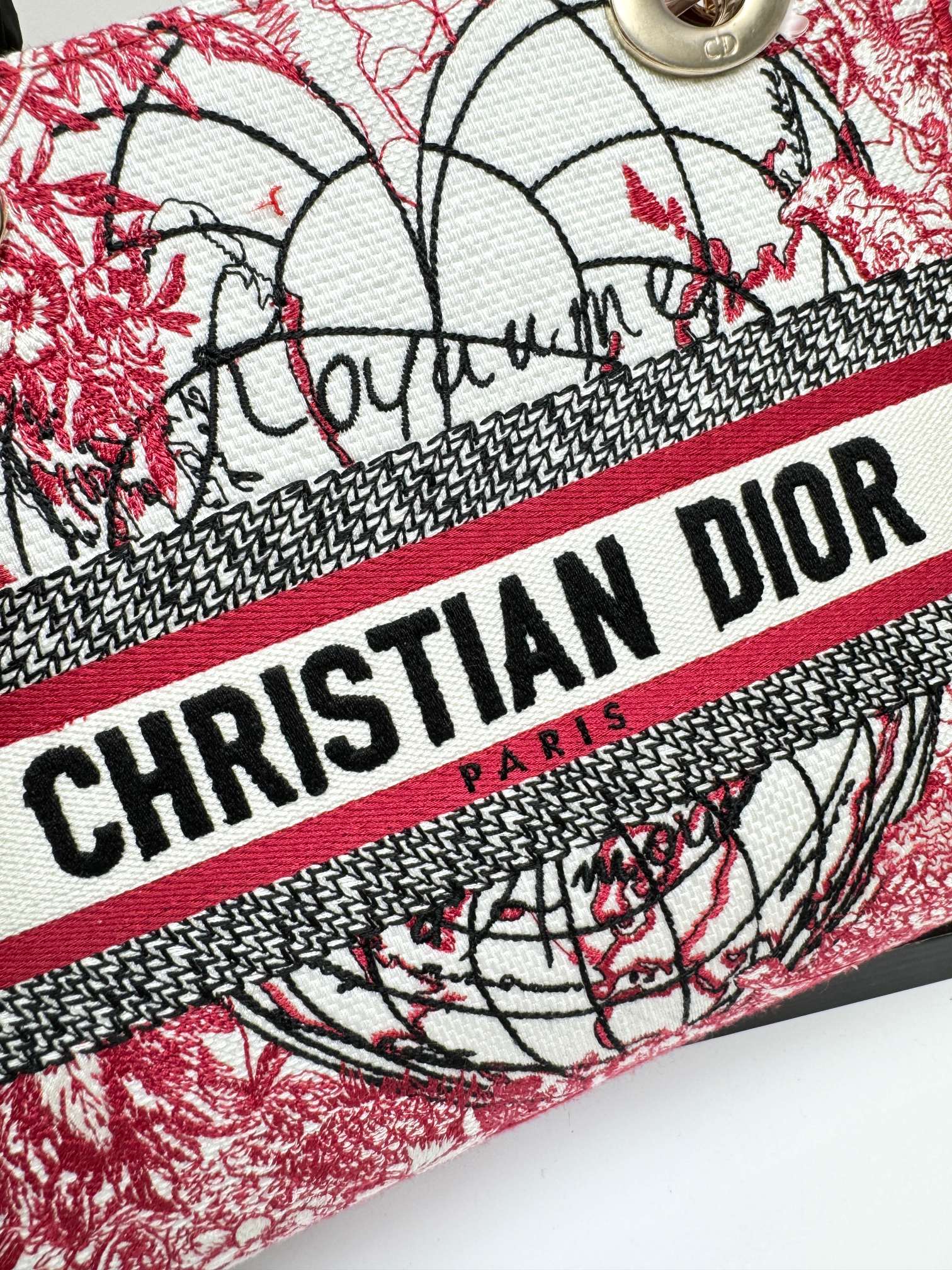 Dior Red and White Embroidered Floral Canvas Top Handle Handbag
