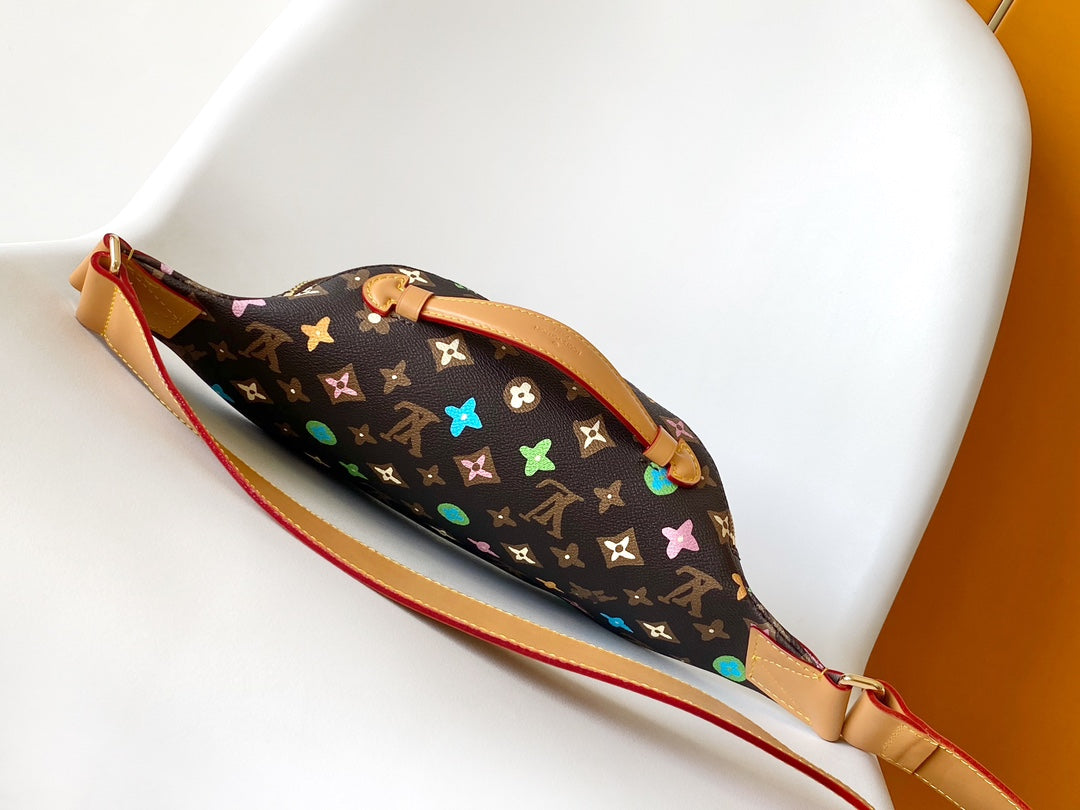 Louis Vuitton Luxury Brown Monogram Waist Bag with Colorful Flower Patterns