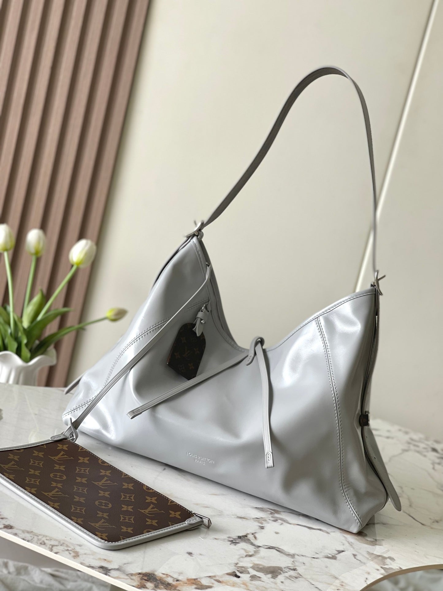 Louis Vuitton Grey Leather Hobo Bag with Bow Detail Women's Shoulder Handbag