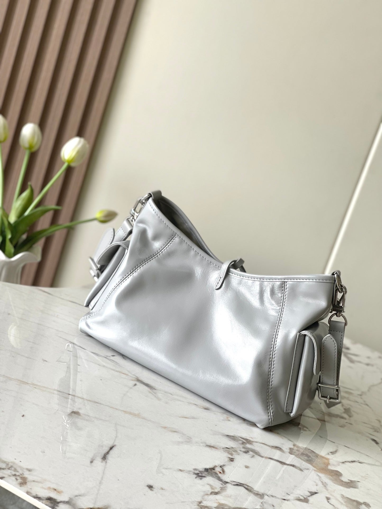 Louis Vuitton Grey Leather Hobo Shoulder Bag with Silver Chain Accent