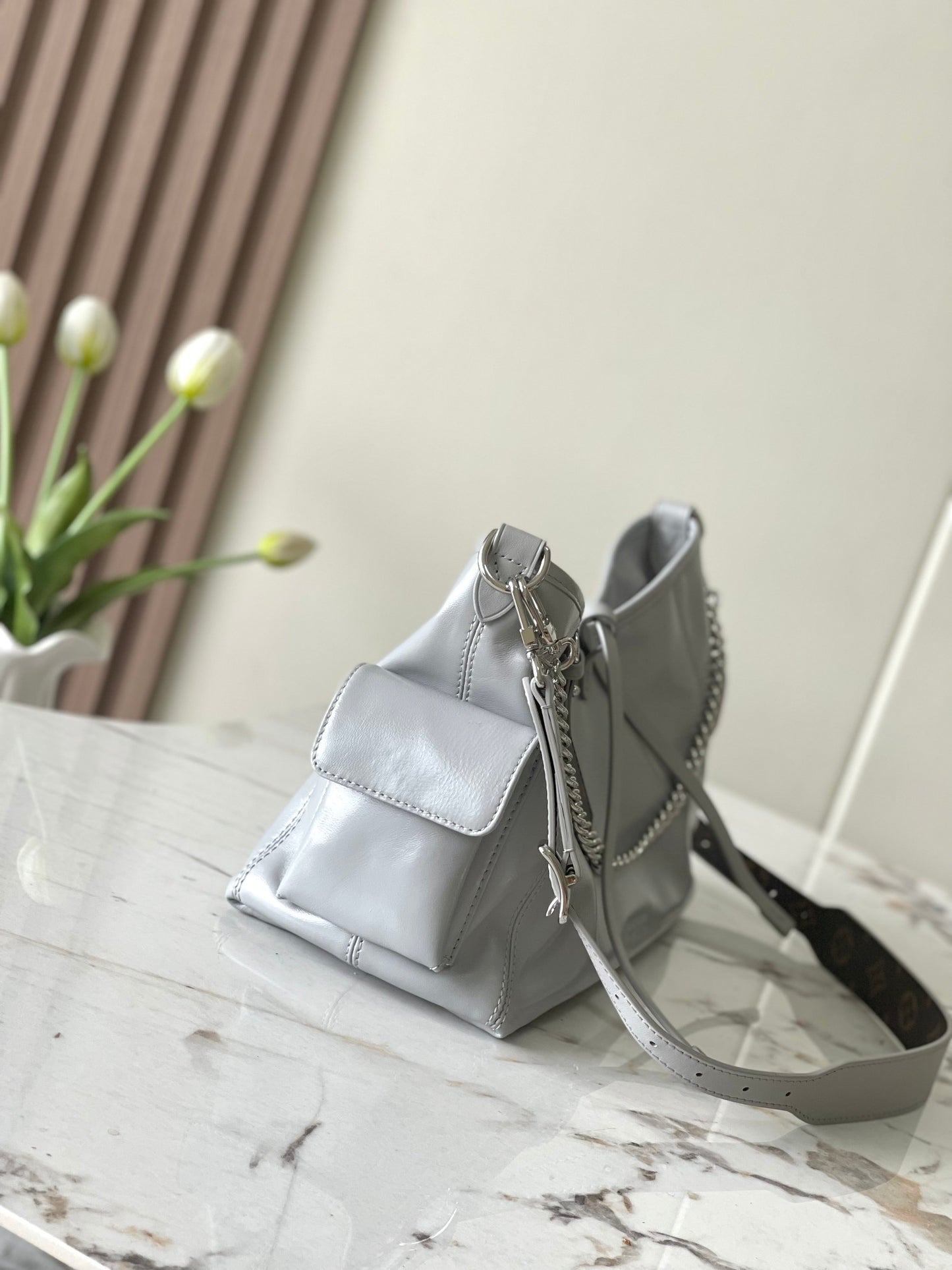 Louis Vuitton Grey Leather Hobo Shoulder Bag with Silver Chain Accent
