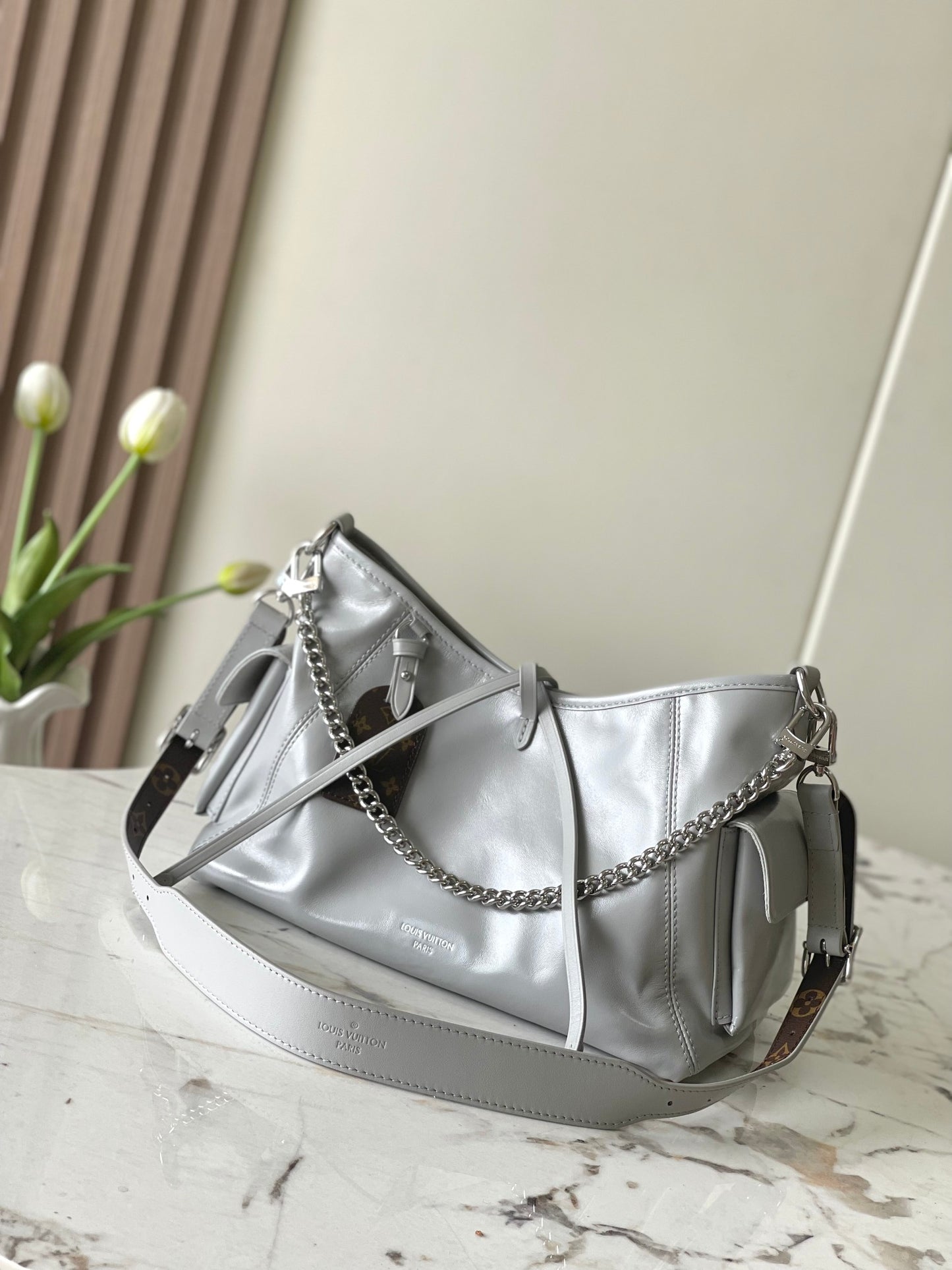 Louis Vuitton Grey Leather Hobo Shoulder Bag with Silver Chain Accent