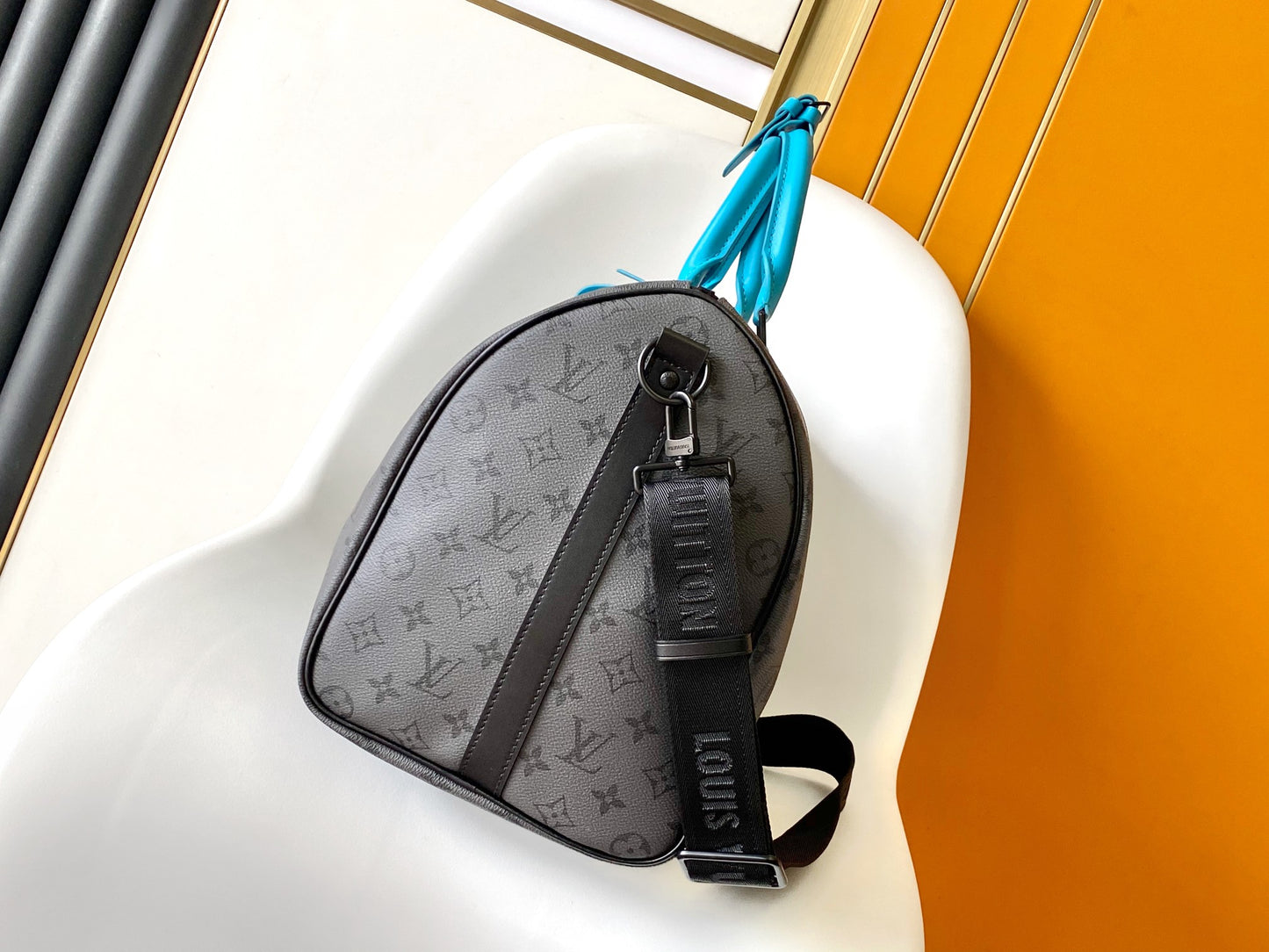 Louis Vuitton Charcoal Grey Monogram Duffle Bag with Turquoise Leather Accents