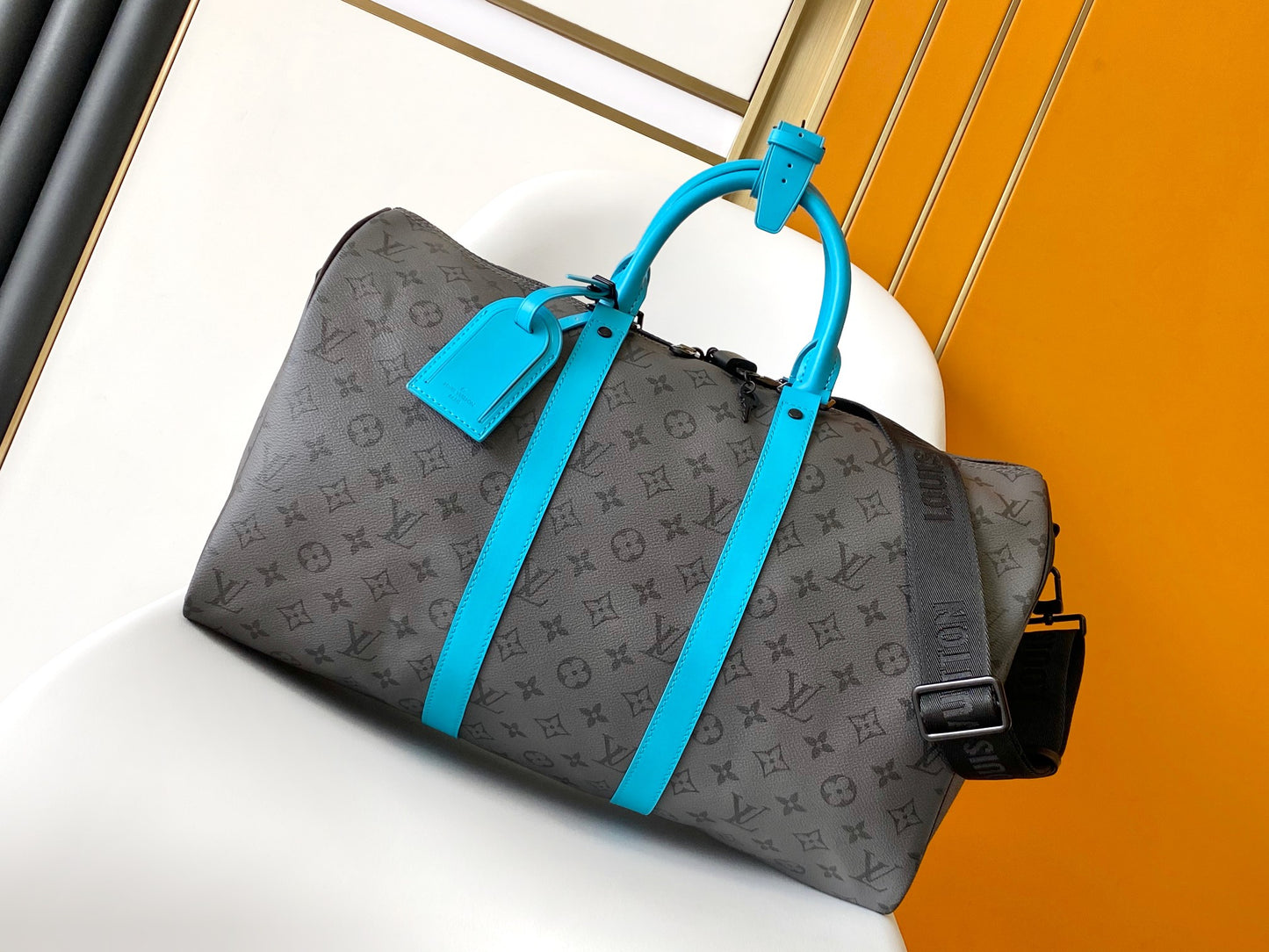 Louis Vuitton Charcoal Grey Monogram Duffle Bag with Turquoise Leather Accents