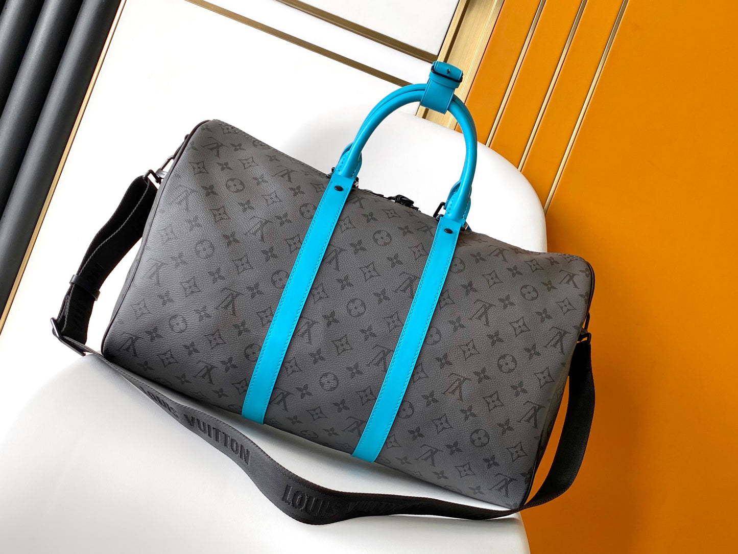 Louis Vuitton Charcoal Grey Monogram Duffle Bag with Turquoise Leather Accents