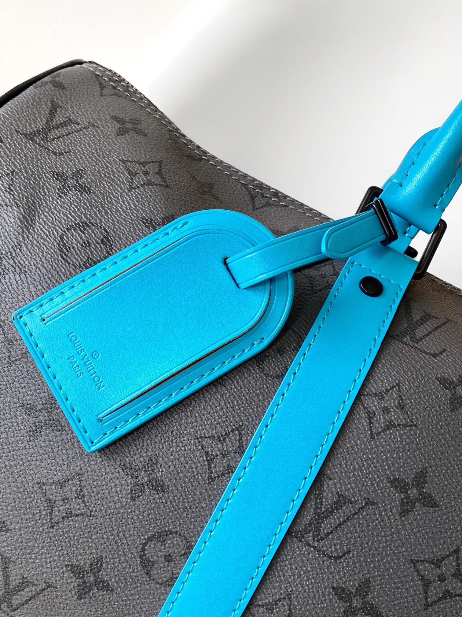 Louis Vuitton Charcoal Grey Monogram Duffle Bag with Turquoise Leather Accents
