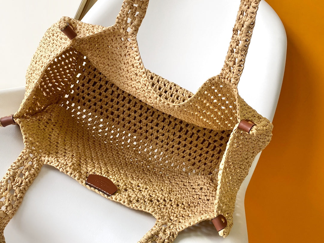 Louis Vuitton Beige Crochet Straw Tote Bag with Circular Patch Top Handle Handbag