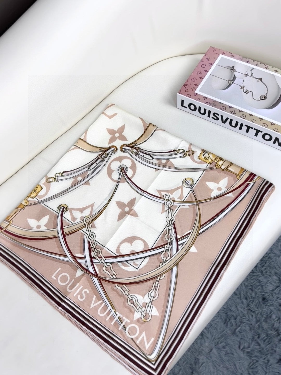 Women's Large Square Silk Satin Scarf - Elegant Champagne and White Patterned Fashion Shawl, Hair Wrap, and Neck Accessory
