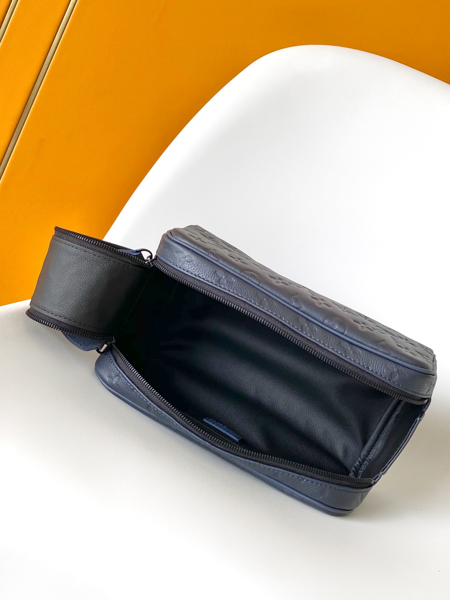 Louis Vuitton Luxury Navy Blue Embossed Monogram Leather Travel Pouch