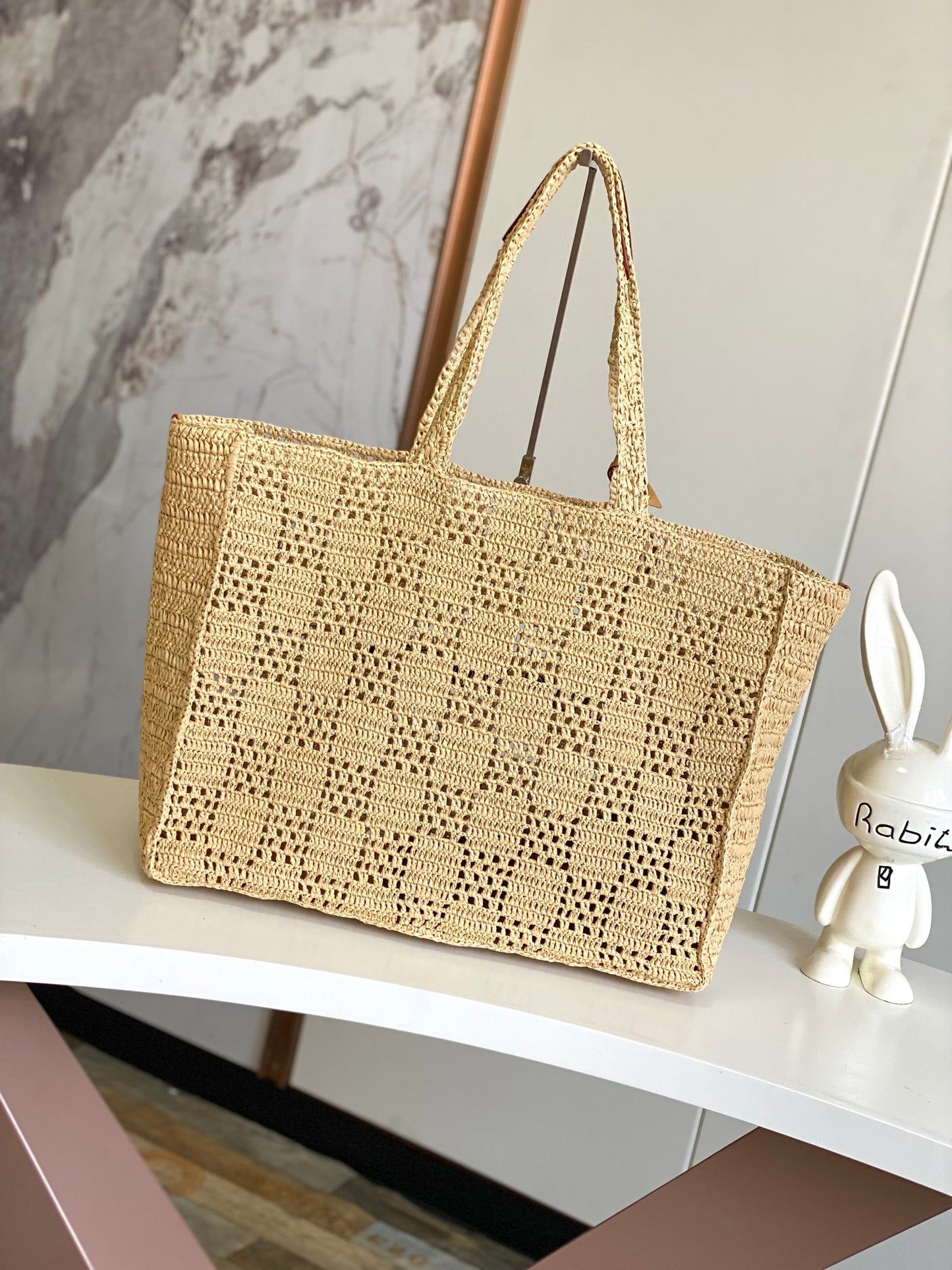 Louis Vuitton Beige Woven Straw Crochet Tote Bag Summer Beach Shoulder Bag